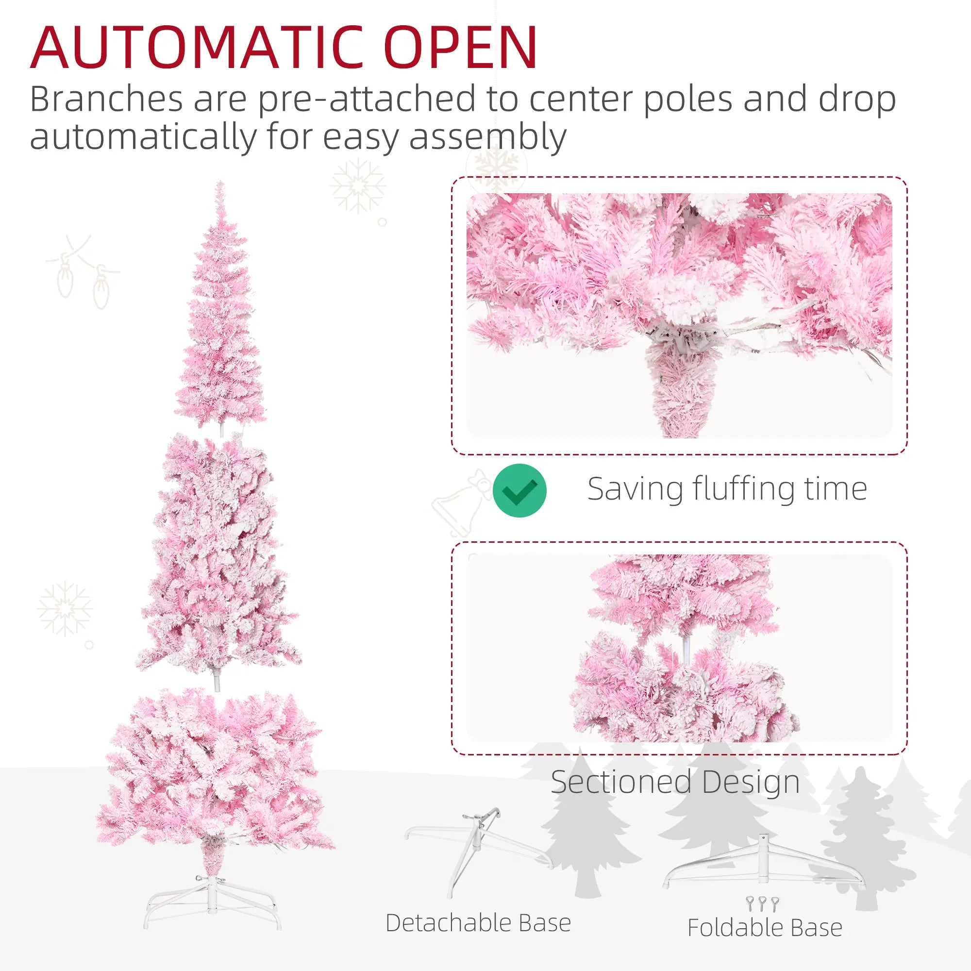 7.5 Foot Prelit Snow Flocked Christmas Tree, 700 Pine Branches, Warm White LED, White, Pink Pre Lit Christmas Trees at Gallery Canada