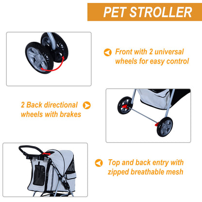 4 Wheel Dog Pet Stroller Dog Cat Carrier Folding Sunshade Canopy with Brake, Grey at Gallery Canada