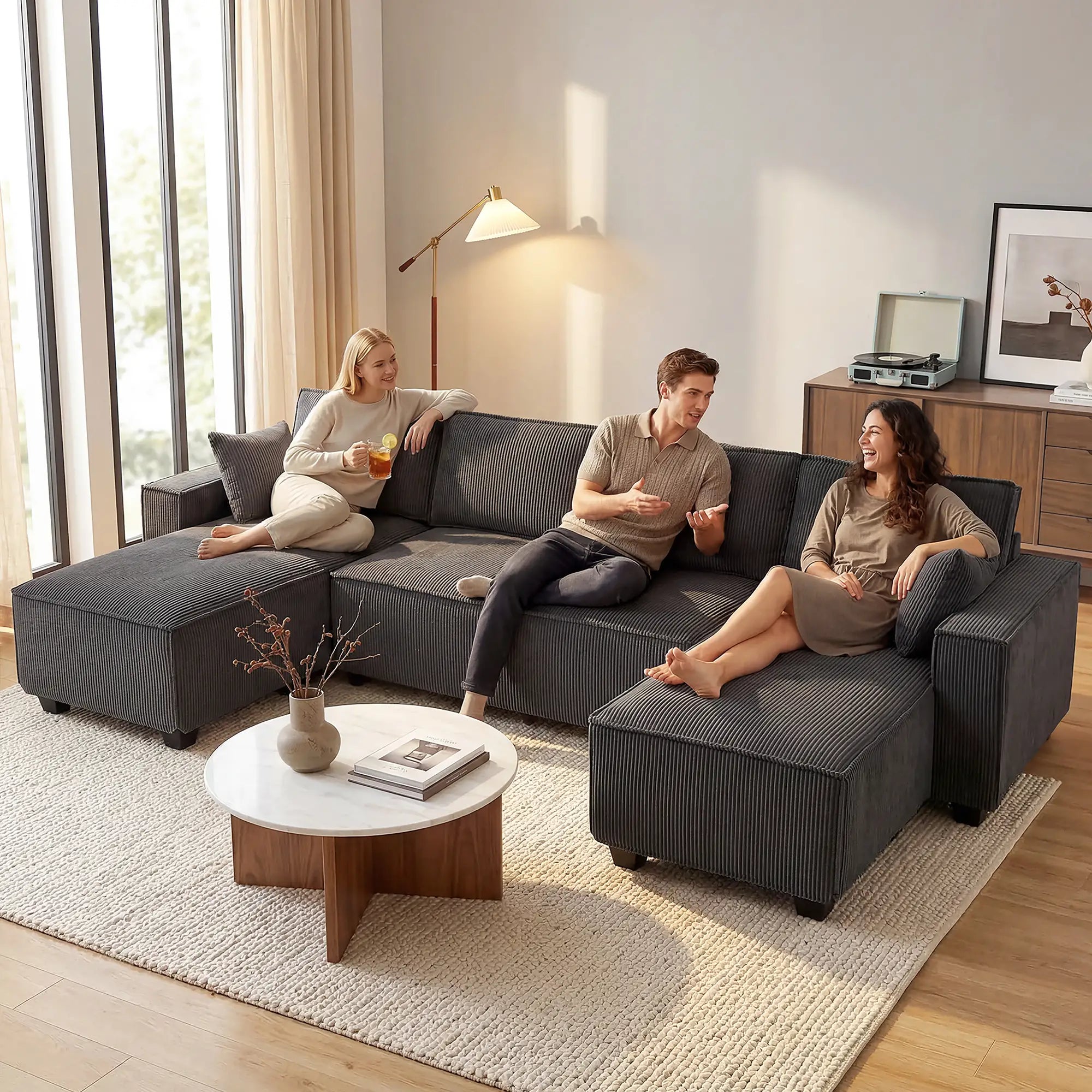 Modular U Shaped Sectional Sofa, Double Chaises, Spring Cushions, Dark Grey L Shaped Couchs at Gallery Canada