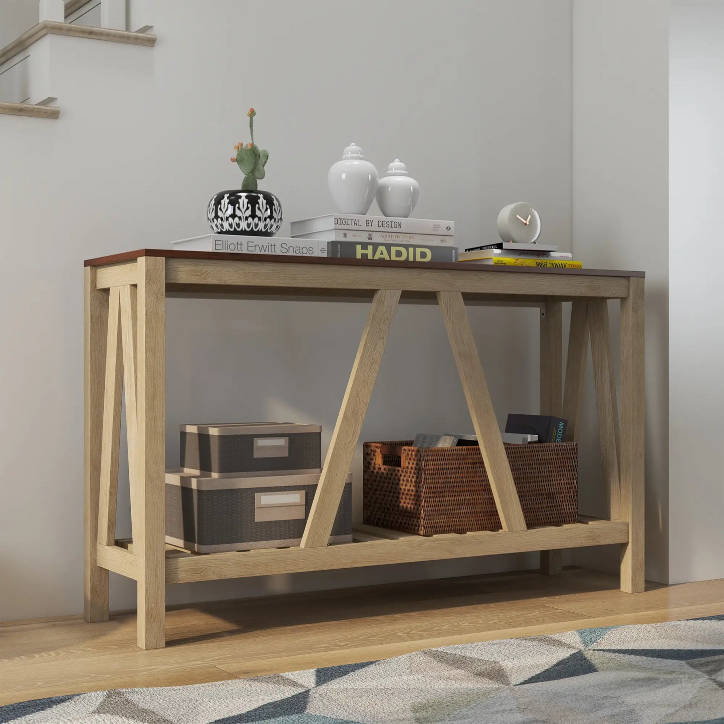 Farmhouse Console Table with Storage Shelf, Rustic Sofa Table, Oak Console Tables at Gallery Canada