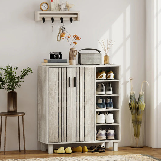 Shoe Storage with Double Doors, Open Shelves, 17 Pair, Light Grey Shoe Storage Cabinets & Racks Light Grey at Gallery Canada