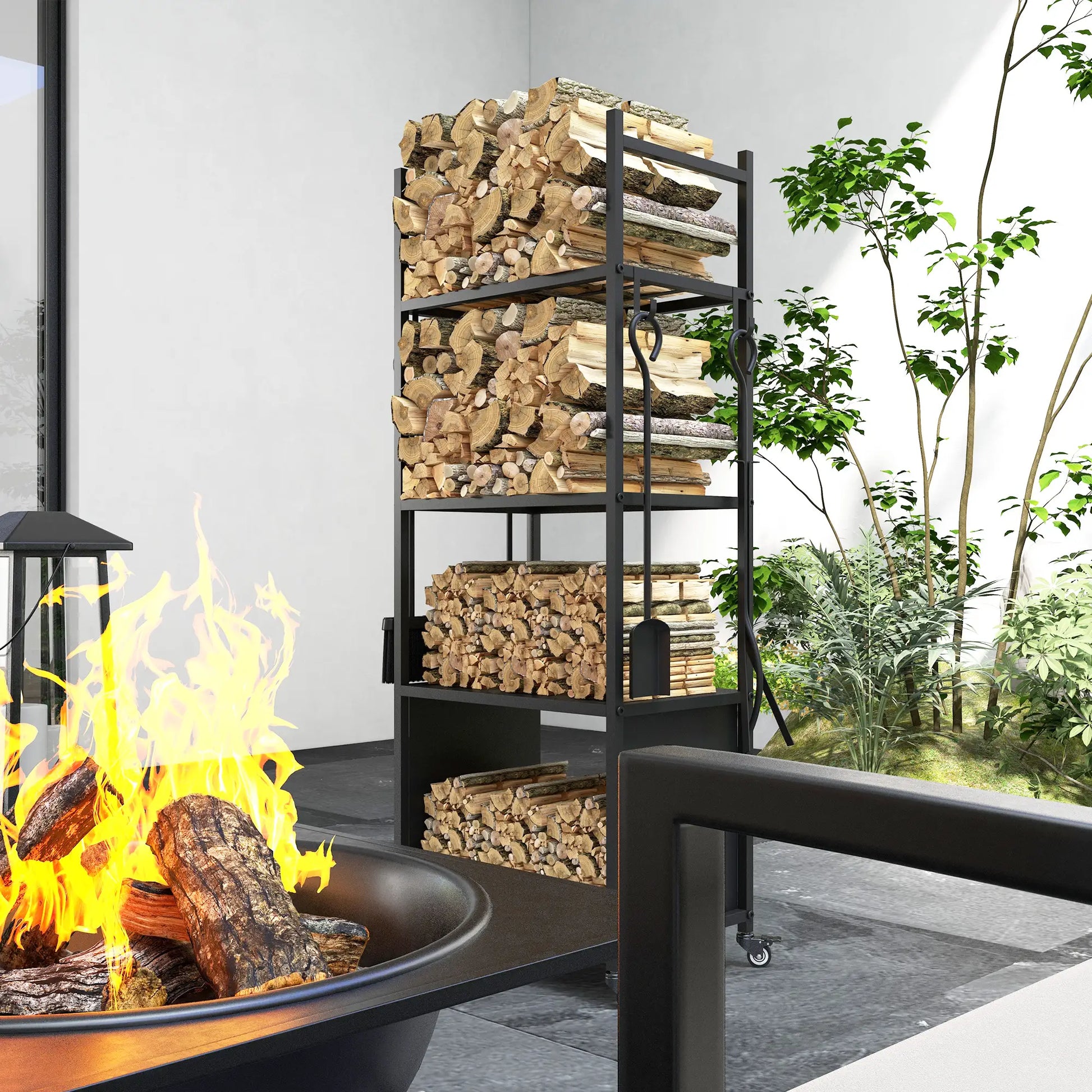 4-Tier Firewood Rack With Wheels, 4 Tools, Powder-Coated Steel Firewood Racks at Gallery Canada