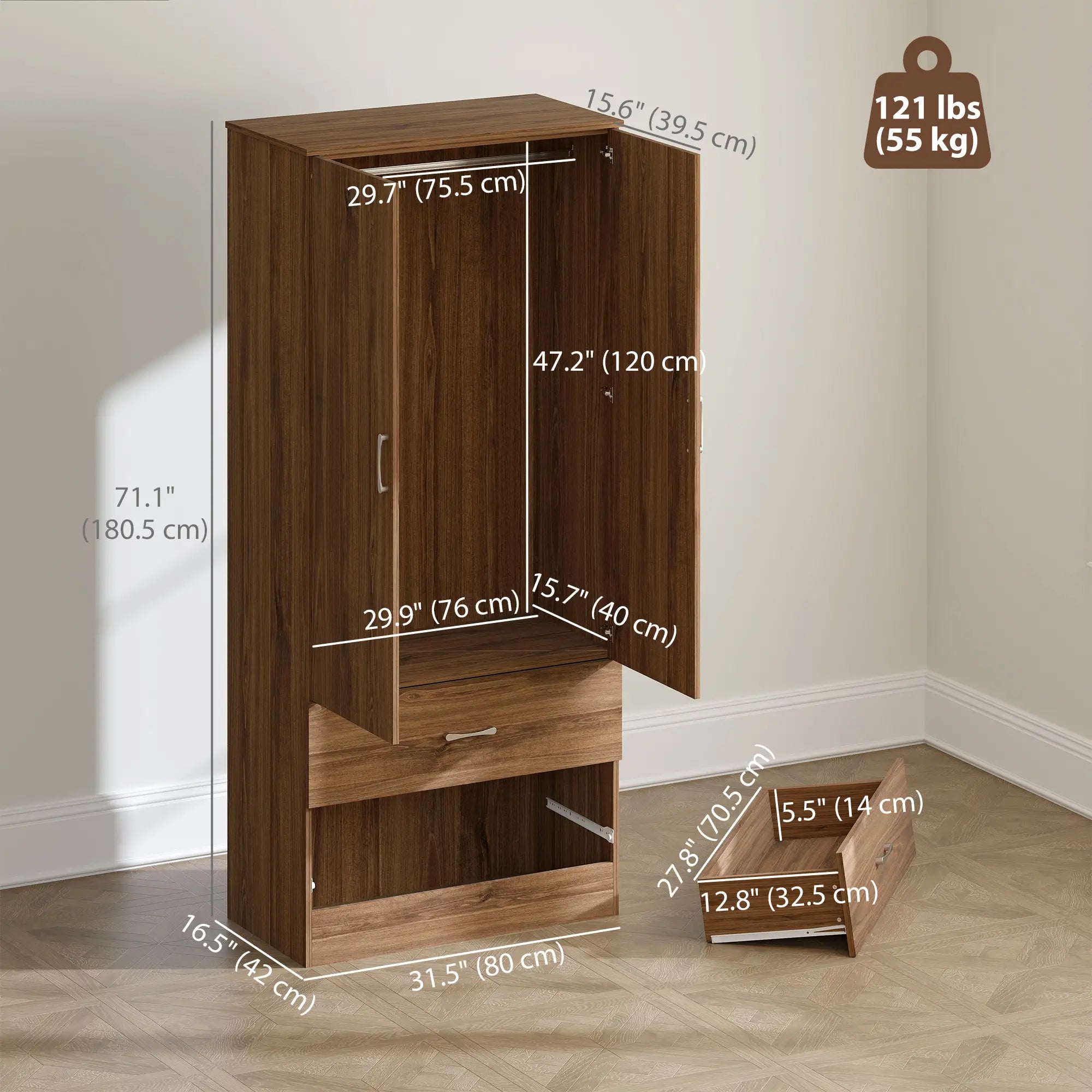 Wardrobe Closet, Hanging Rod, 2 Doors, 2 Drawers, Walnut Clothing Storage at Gallery Canada