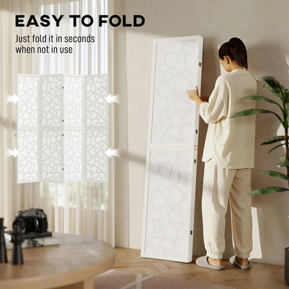 4 Panel Room Divider, 5.6 FT Geometric Pattern Privacy Screen, White