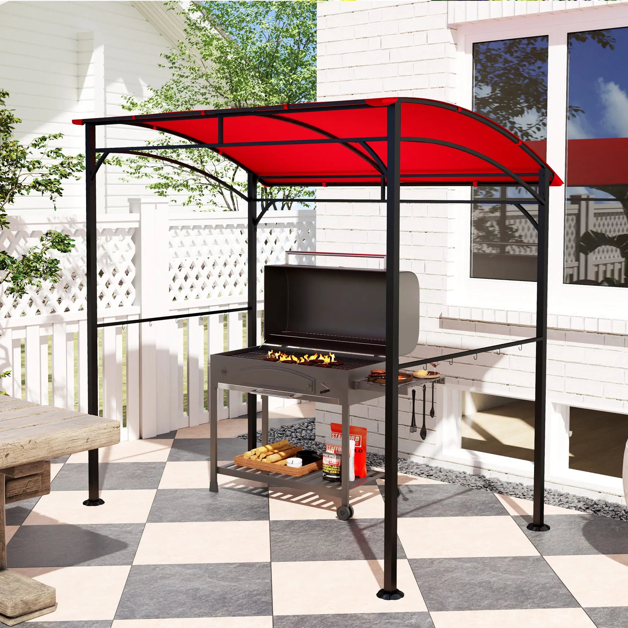 7' x 5' Garden Grill Canopy, BBQ Gazebo Tent, Steel Frame, Wine Red BBQ Grill Gazebos at Gallery Canada