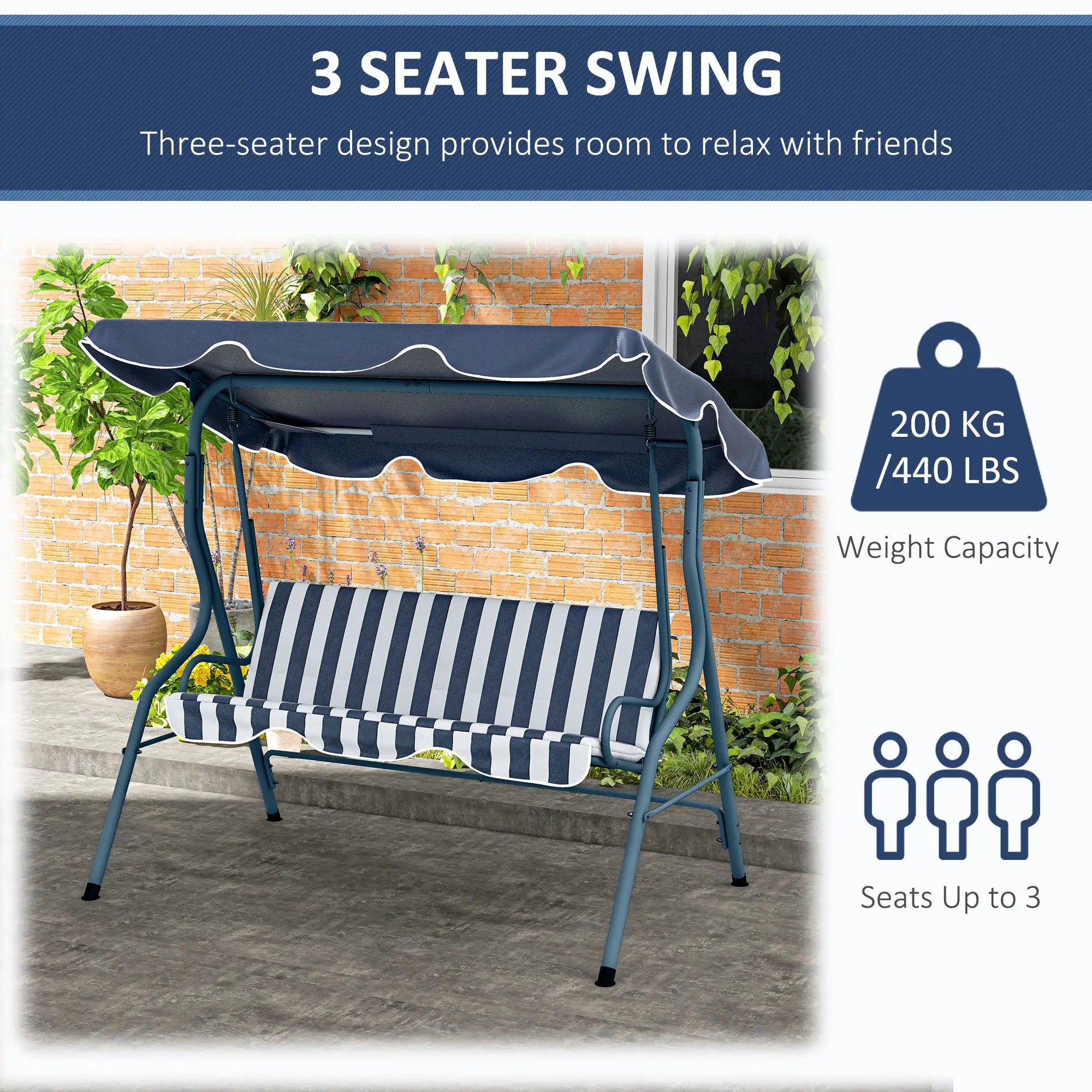 Outdoor Porch Swing, Adjustable Canopy, 3-Seater with Cushion, Blue Patio Swings with Stand at Gallery Canada
