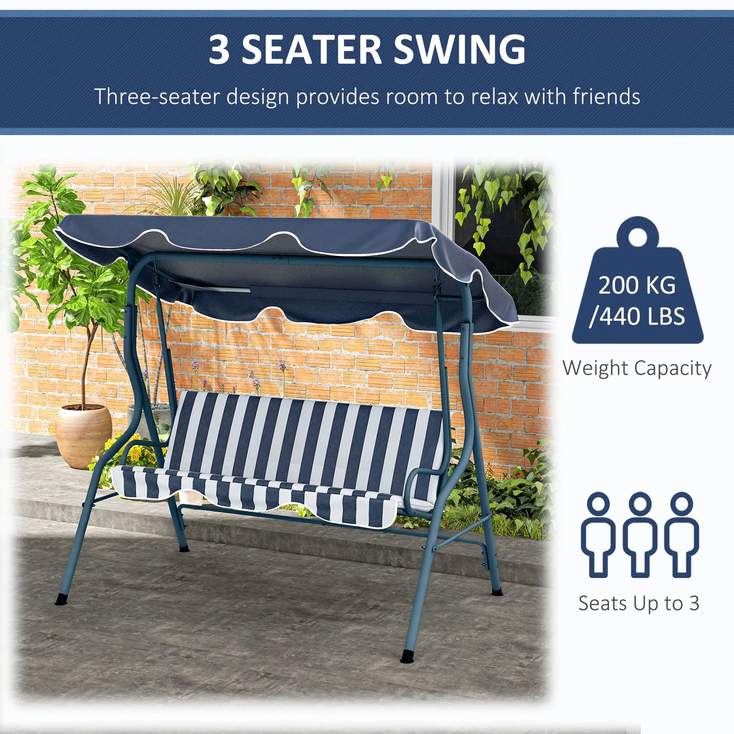 Outdoor Porch Swing, Adjustable Canopy, 3-Seater with Cushion, Blue Patio Swings with Stand at Gallery Canada