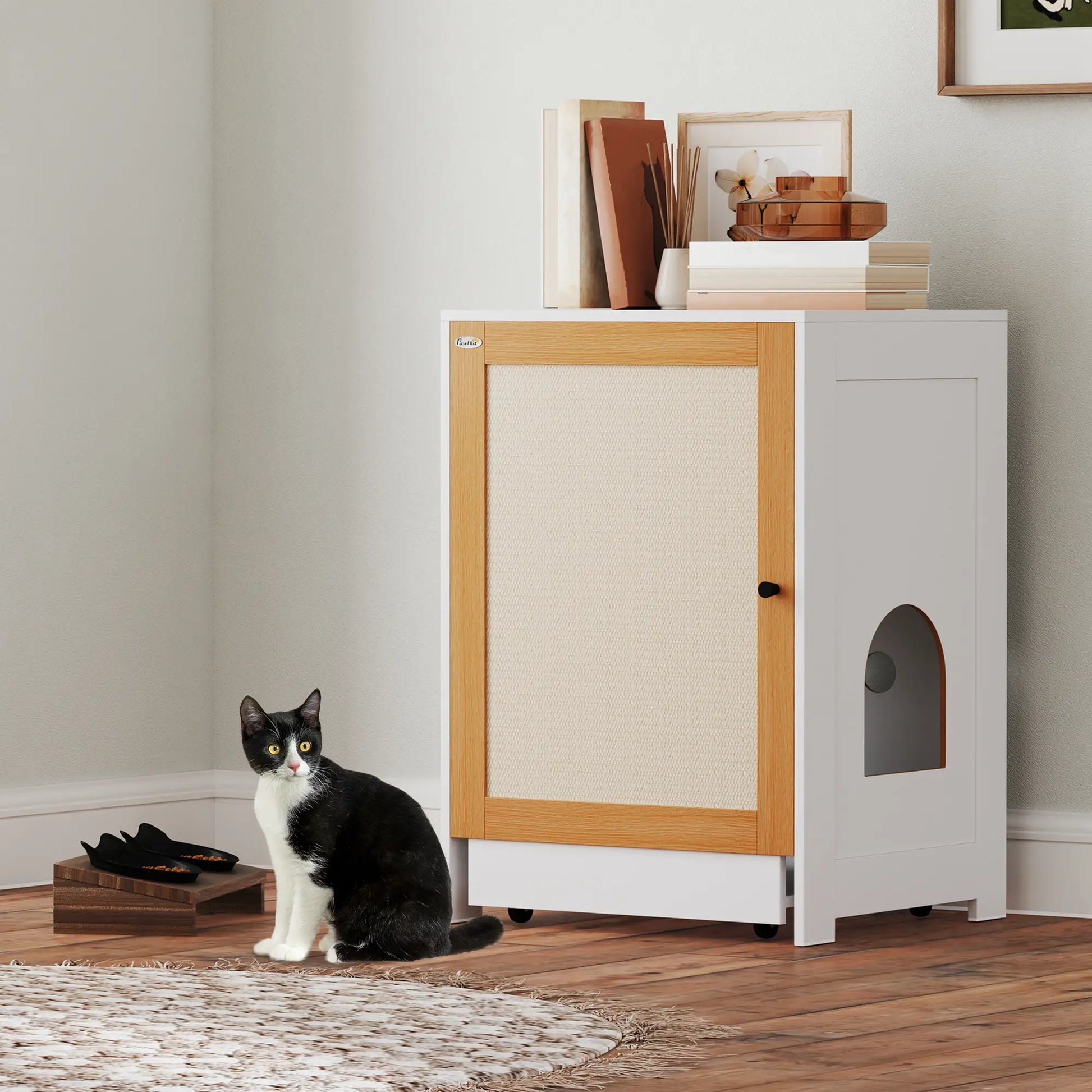 Hidden Cat Litter Box Enclosure, Pull-Out Tray, Storage Cabinet, Scratching Mat, Oak Cat Litter Box Enclosures at Gallery Canada