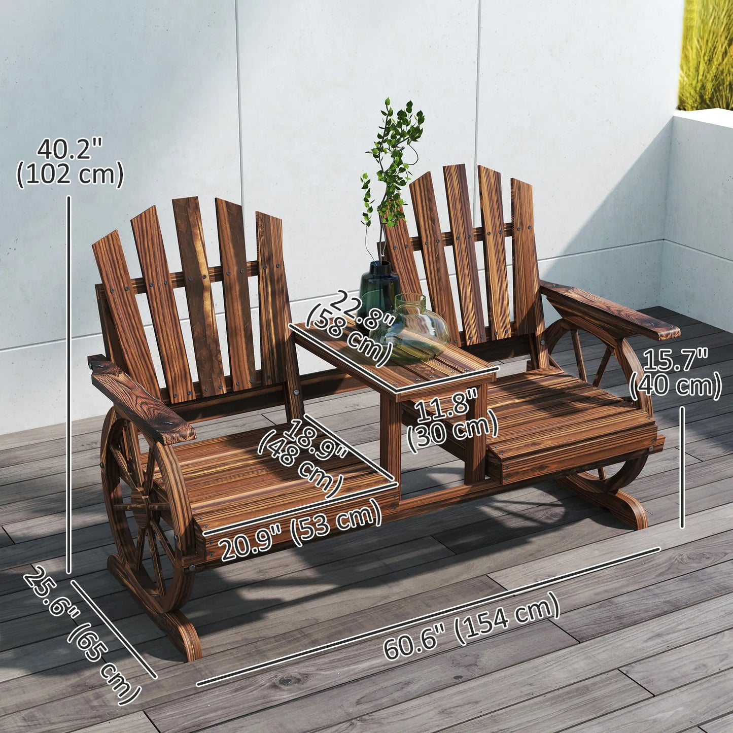 Wooden Outdoor Loveseat, Wagon Wheel Bench With Table, Carbonized Outdoor Benches at Gallery Canada