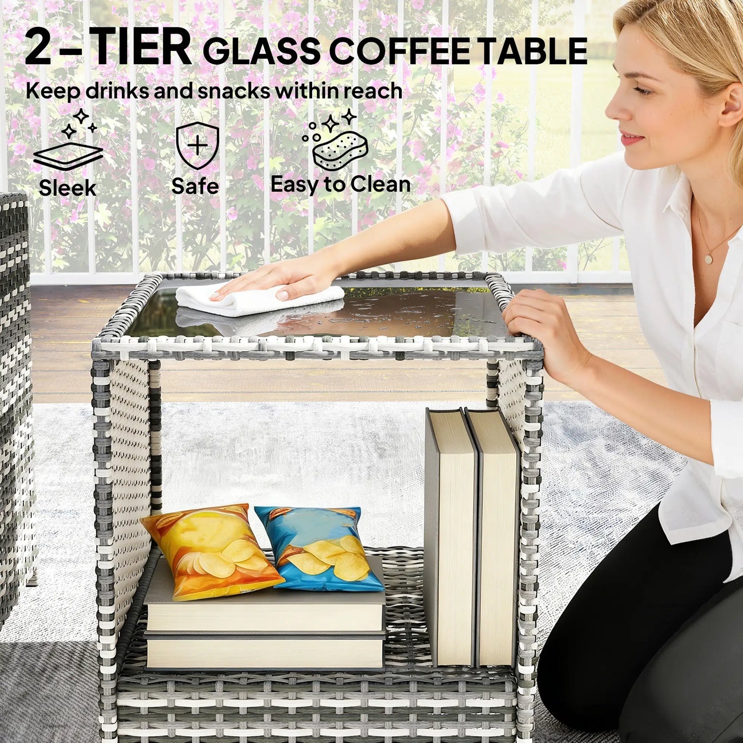 5 Piece Patio Furniture Set, Wicker Chairs With Ottomans, 2-Tier Glass Coffee Table, Grey/Cream White Patio Furniture Sets at Gallery Canada