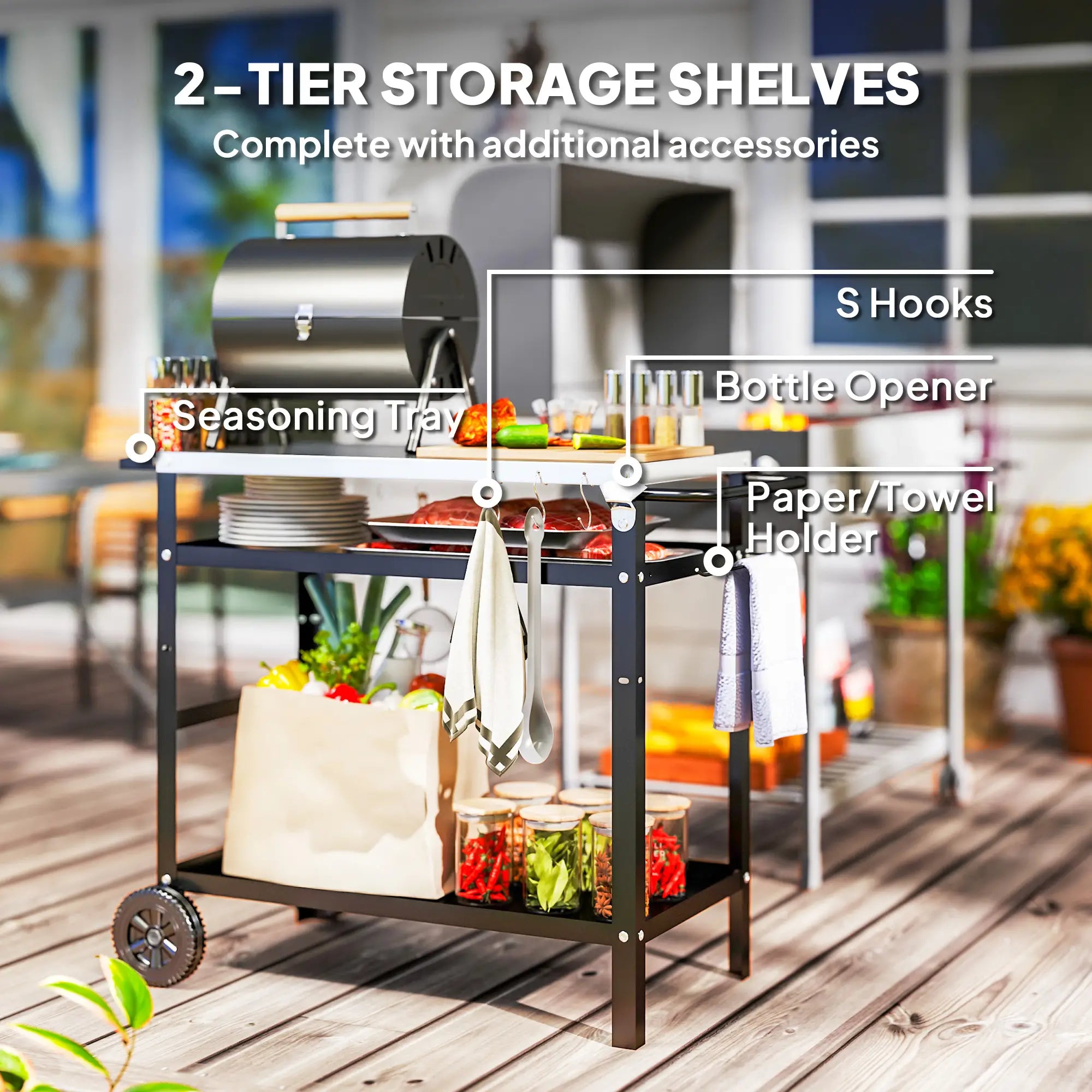 BBQ Stand With Stainless Steel Top, Adjustable Shelf, Hooks, Seasoning Tray Outdoor Grill Carts at Gallery Canada