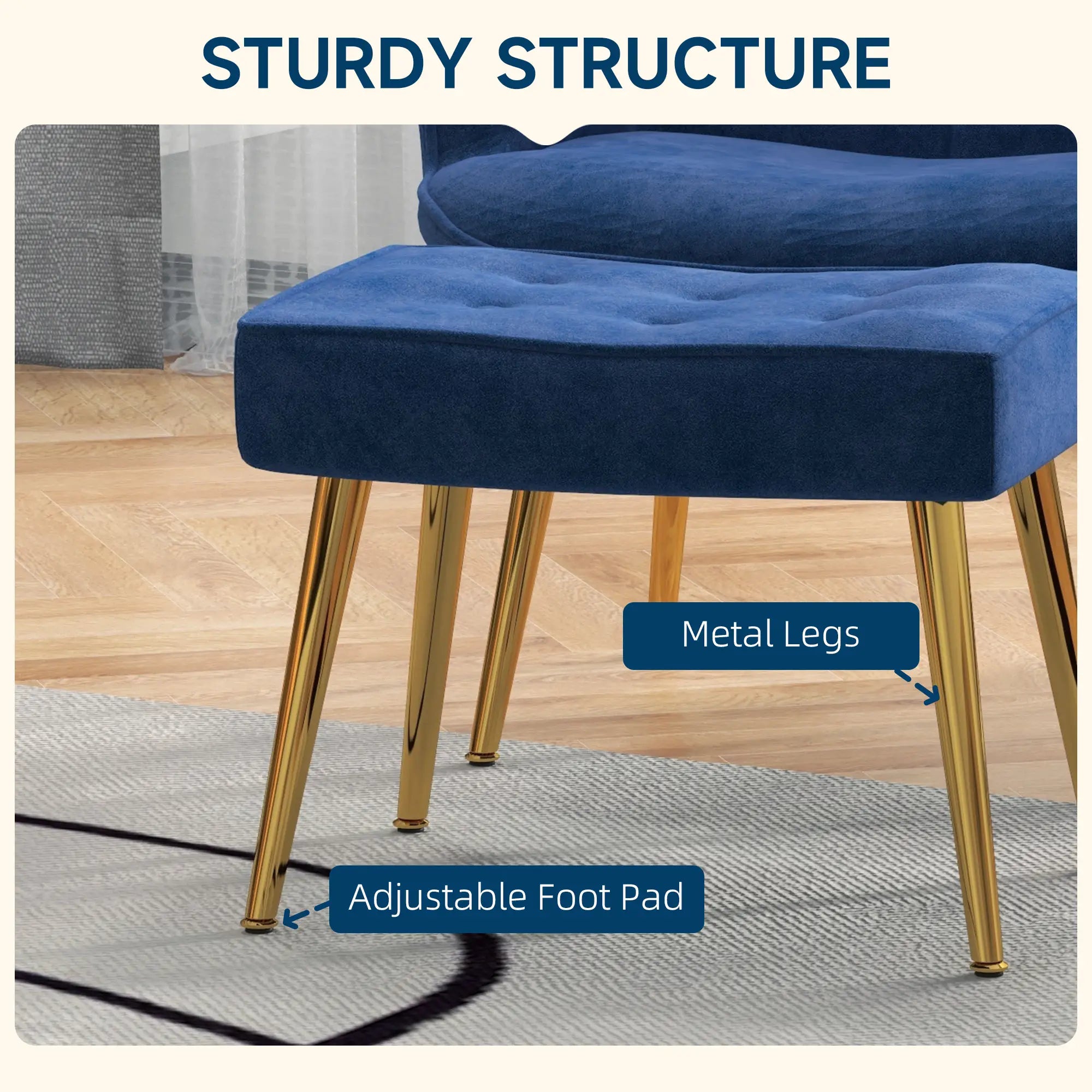 Modern Accent Chair with Ottoman, Upholstered Armchair, Gold Legs, Dark Blue Accent Chairs at Gallery Canada