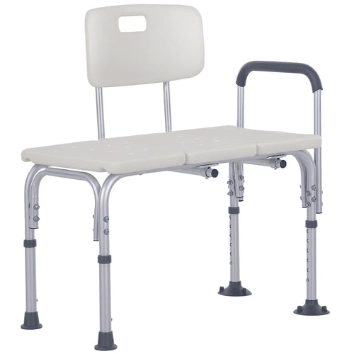 6-Level Adjustable Bath and Shower Transfer Bench Aluminum Chair with Non-Slip Feet, Armrest &; Backrest White