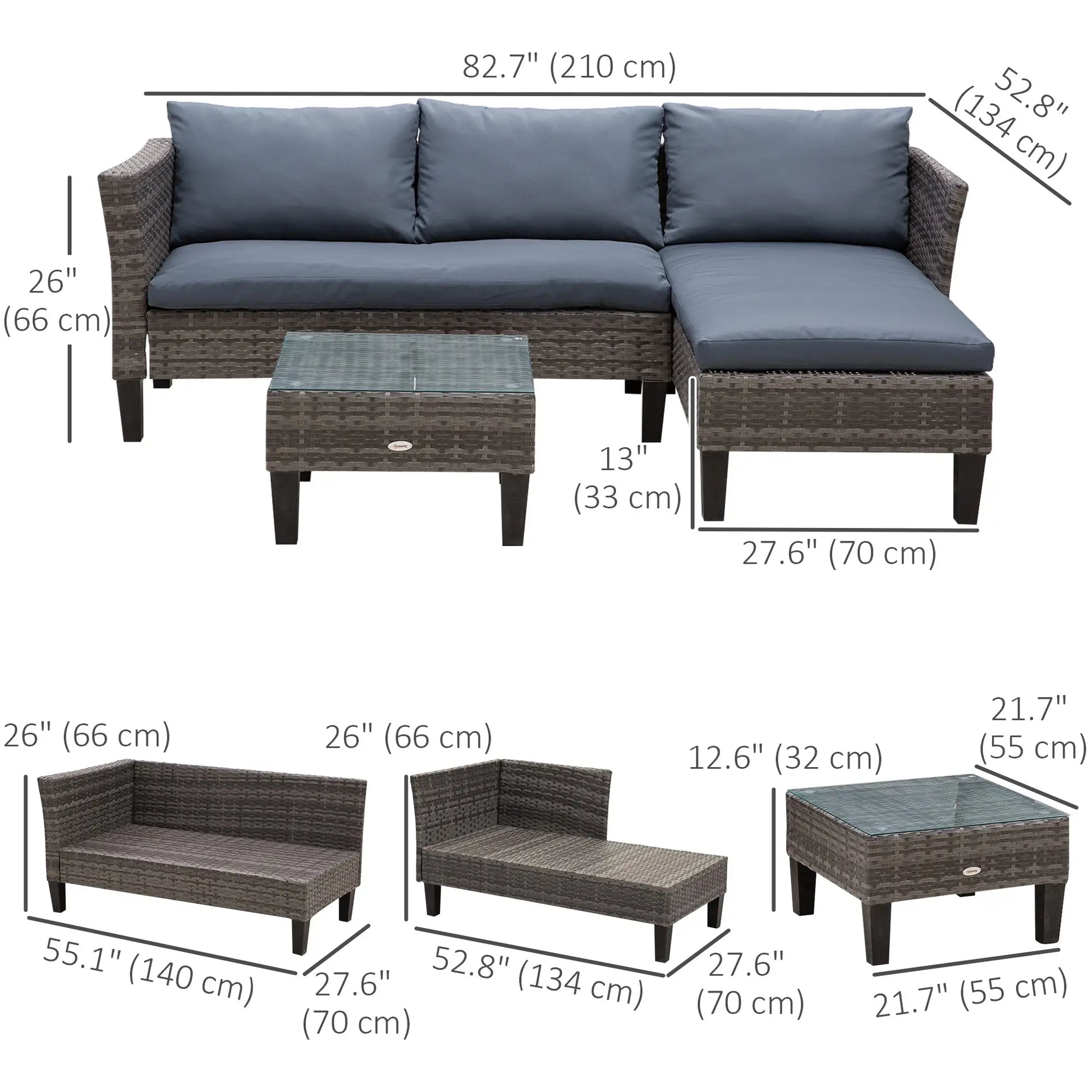 3-Piece Wicker Patio Set, Outdoor Sofa with Glass Table, Grey Patio Furniture Sets at Gallery Canada