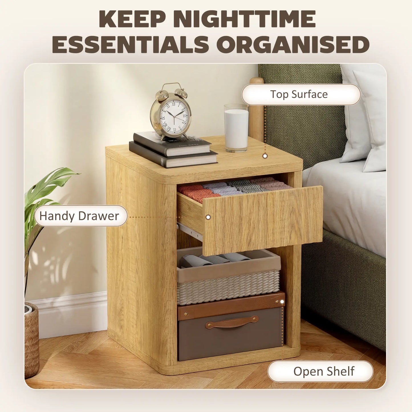 Nightstand With Drawer And Shelf, Modern Bedside Table Set Of 2, Oak Bedside Tables at Gallery Canada