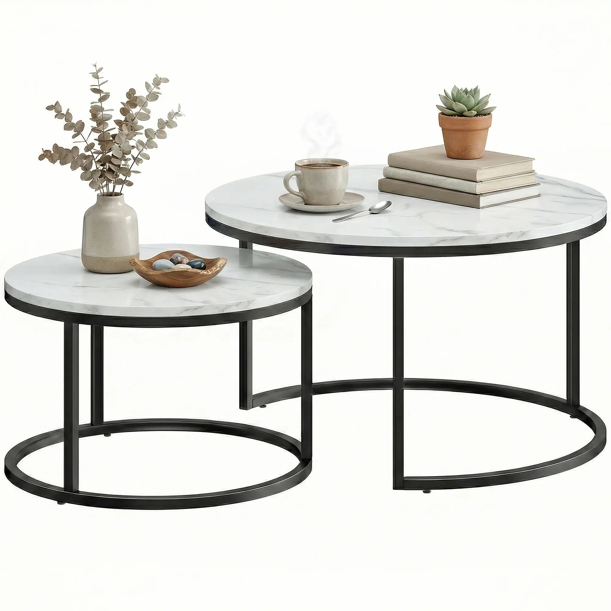 Modern Coffee Table Set, 2 Nesting Tables, Metal Base, Marble White, White Coffee Tables at Gallery Canada