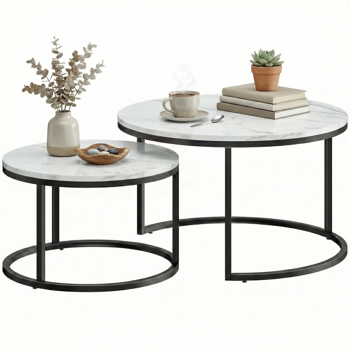 Modern Coffee Table Set, 2 Nesting Tables, Metal Base, Marble White, White Coffee Tables at Gallery Canada