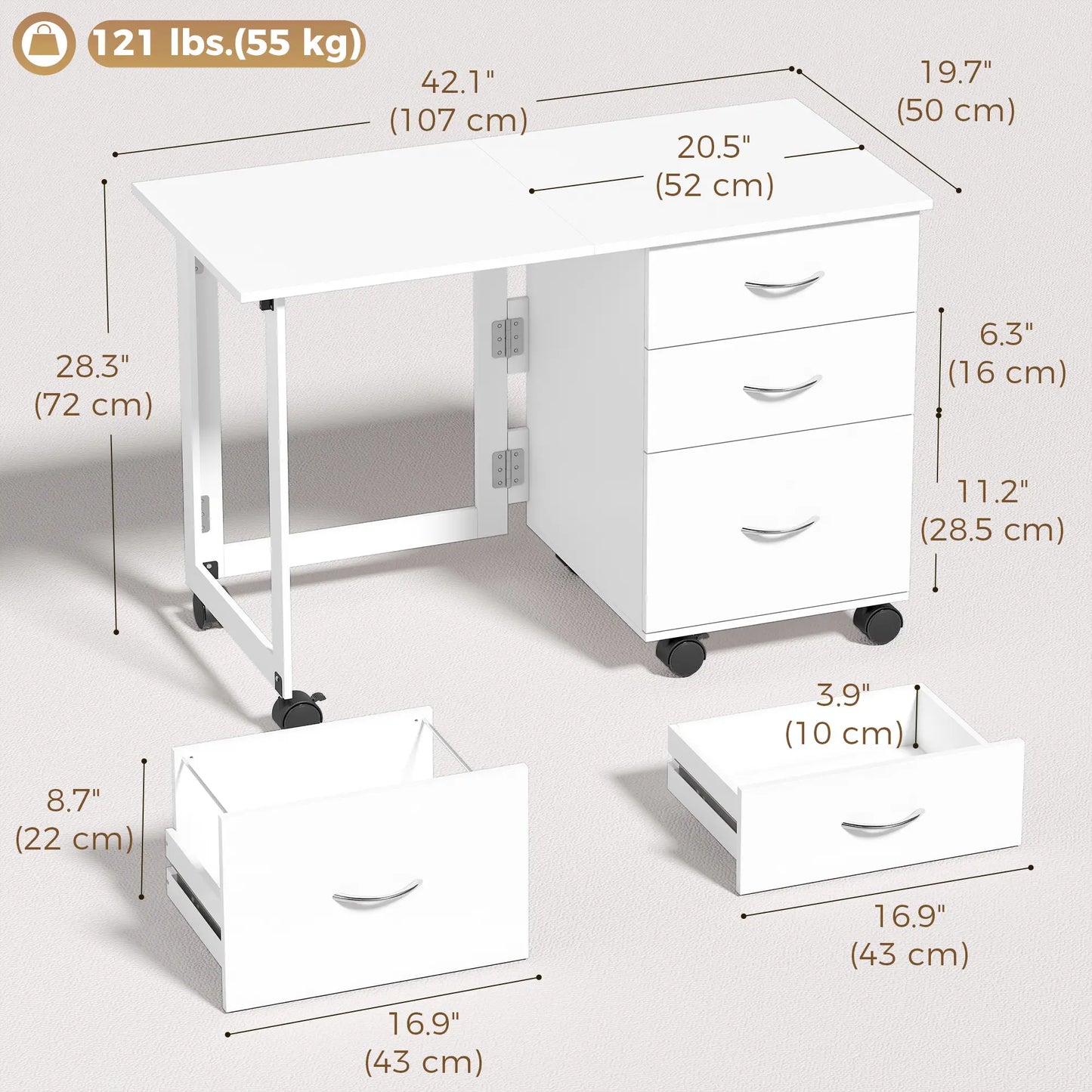 Foldable Computer Desk, 3 Drawers, White Computer Desks at Gallery Canada