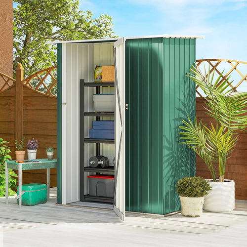 5 x 3ft Outdoor Metal Garden Shed, Sloped Roof, Lockable Door, Green