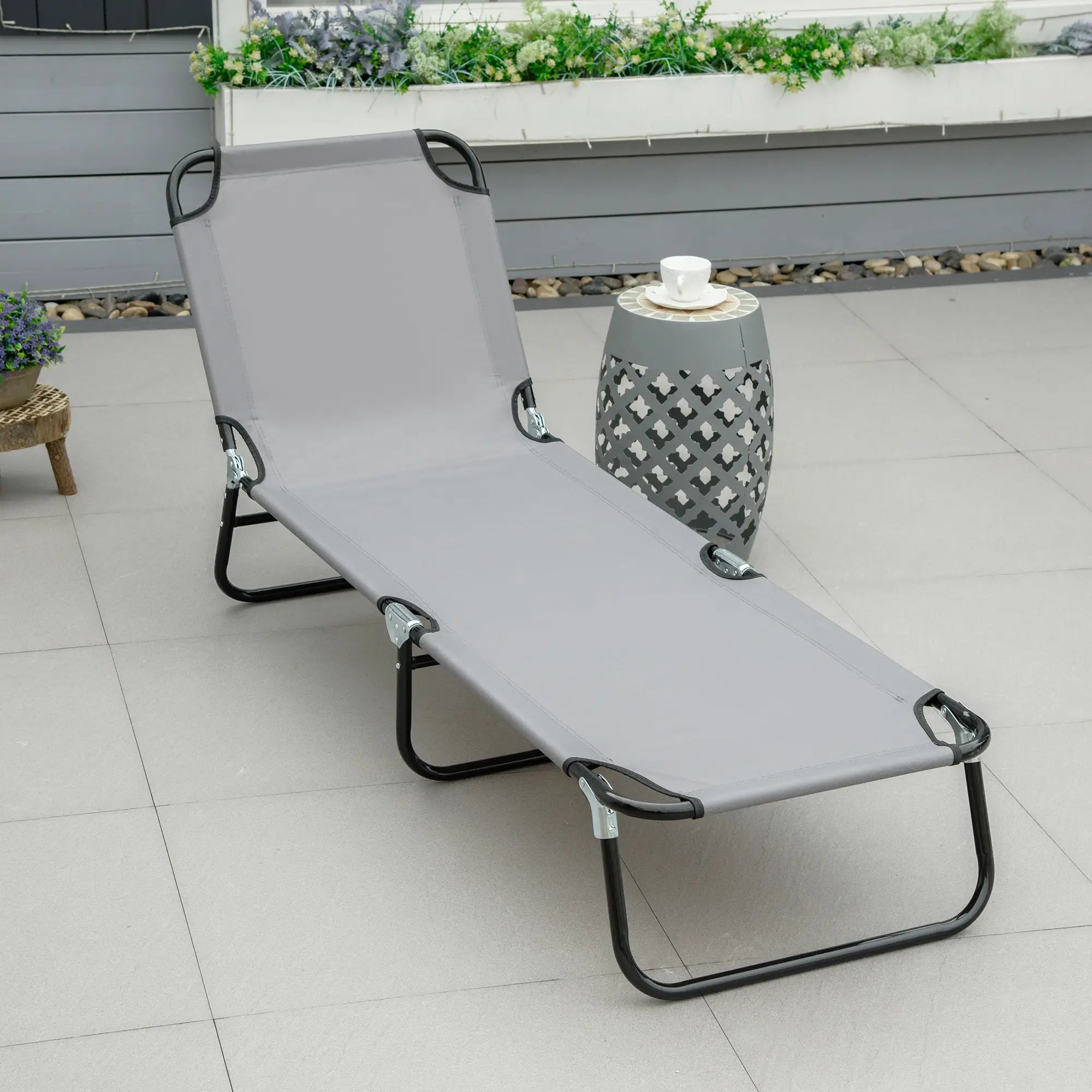 Outdoor Folding Lounge Chair, Reclining Back, Breathable Mesh, Grey Lounger Chairs at Gallery Canada