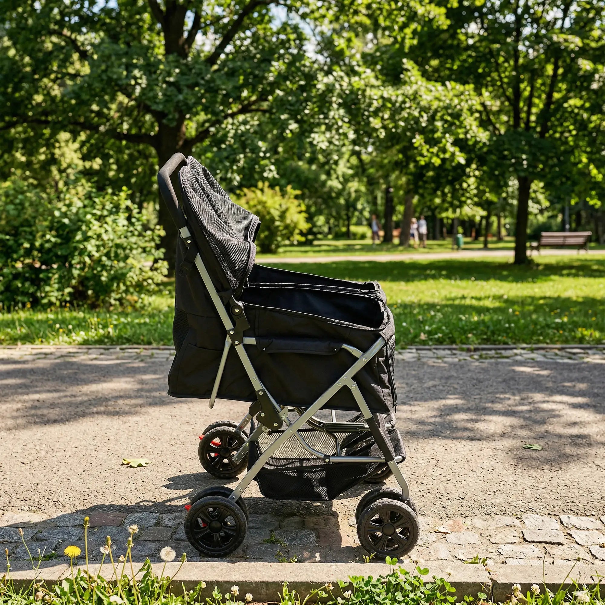 Double Pet Stroller, Foldable Dog Stroller with 2-Seater Carrier, Sunshade, Removable Pad, Safety Belt, Storage Basket Dog Bike Trailers & Strollers at Gallery Canada