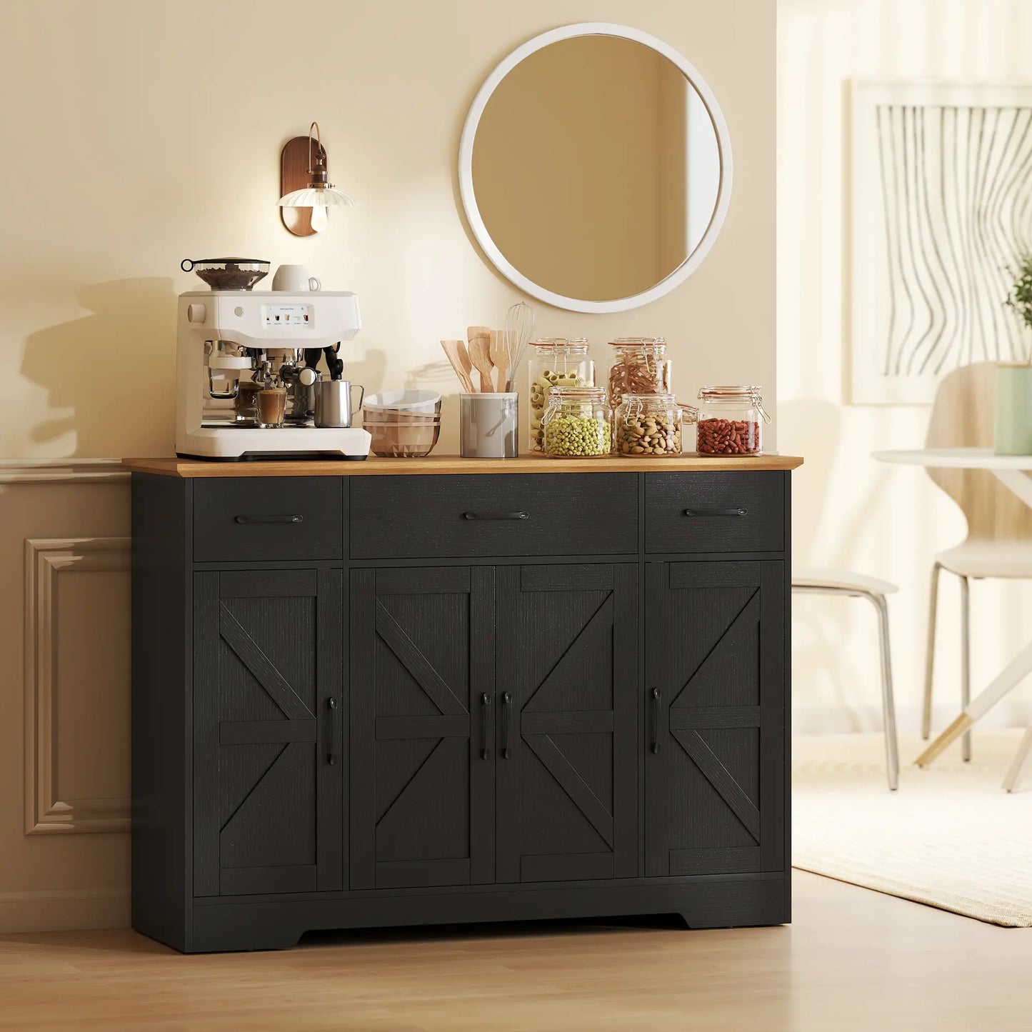 47" Buffet Cabinet, Farmhouse Sideboard, 3 Drawers, Adjustable Shelves, Black Bar Cabinets at Gallery Canada