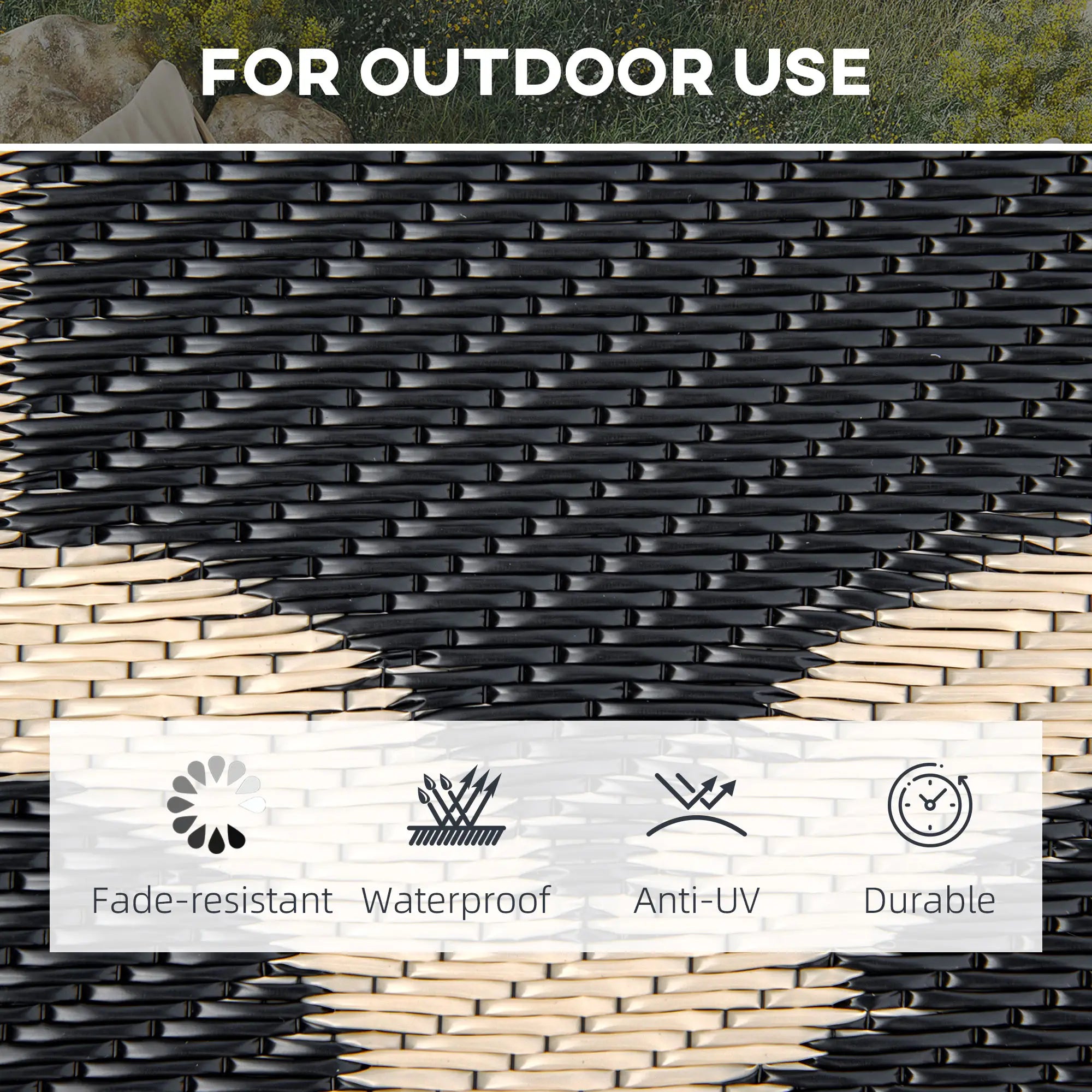 Reversible Outdoor RV Rug, 9' x 18', Patio Floor Mat, Black and Beige Outdoor Reversible Rugs at Gallery Canada