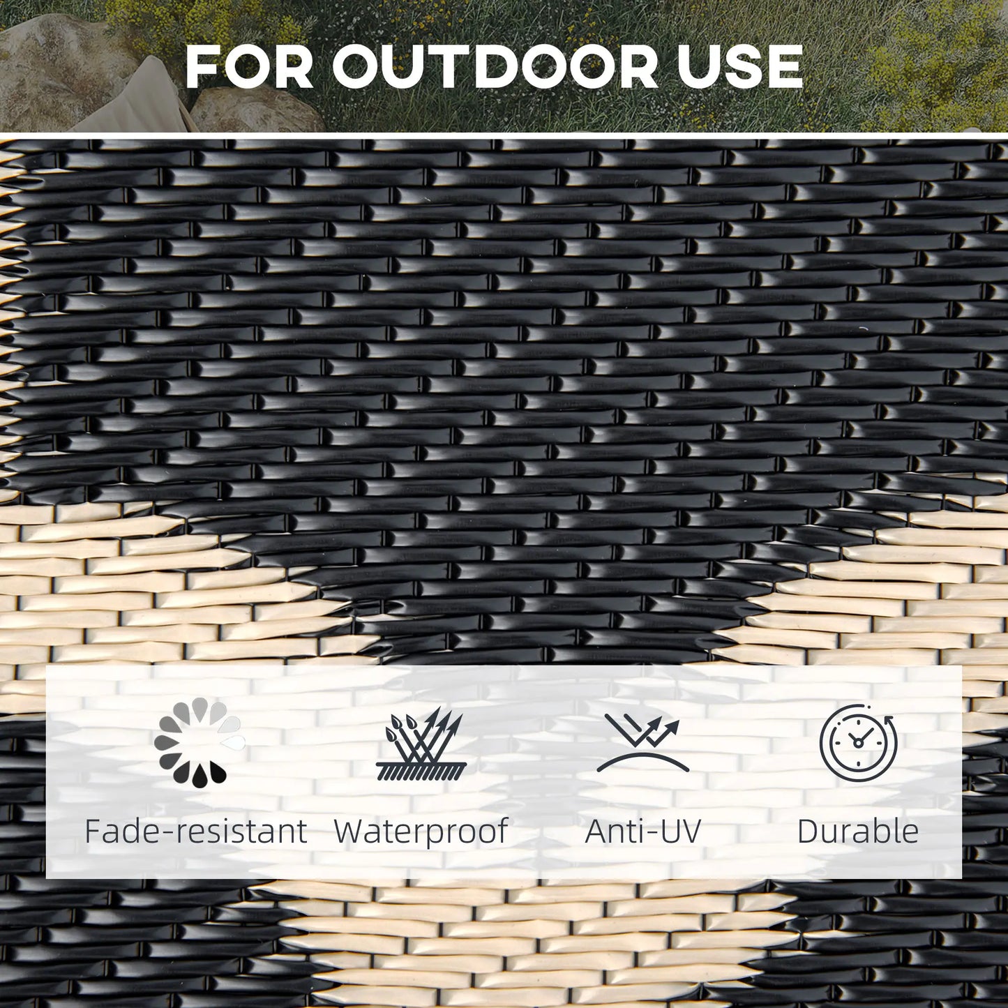 Reversible Outdoor RV Rug, 9' x 18', Patio Floor Mat, Black and Beige Outdoor Reversible Rugs at Gallery Canada