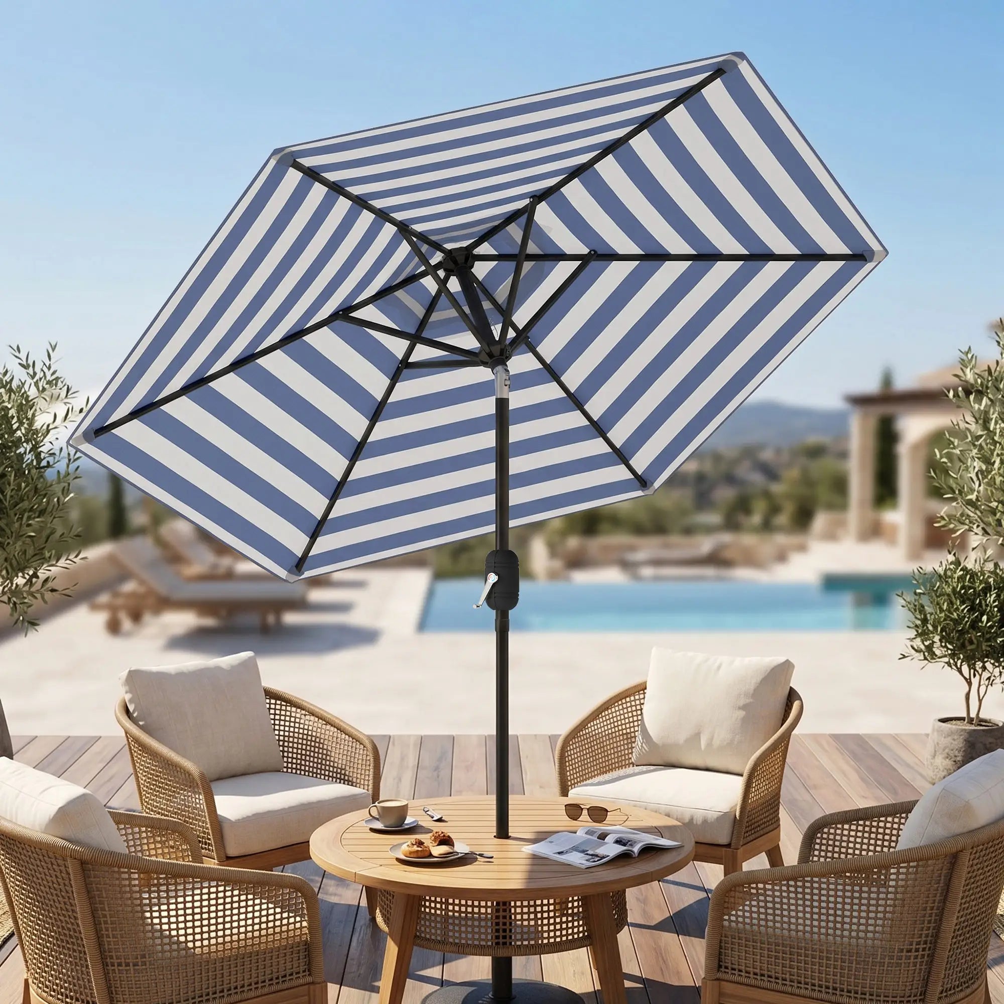 Outdoor Patio Sun Umbrella, 6 Ribs, Stripes, Blue Patio Umbrellas at Gallery Canada