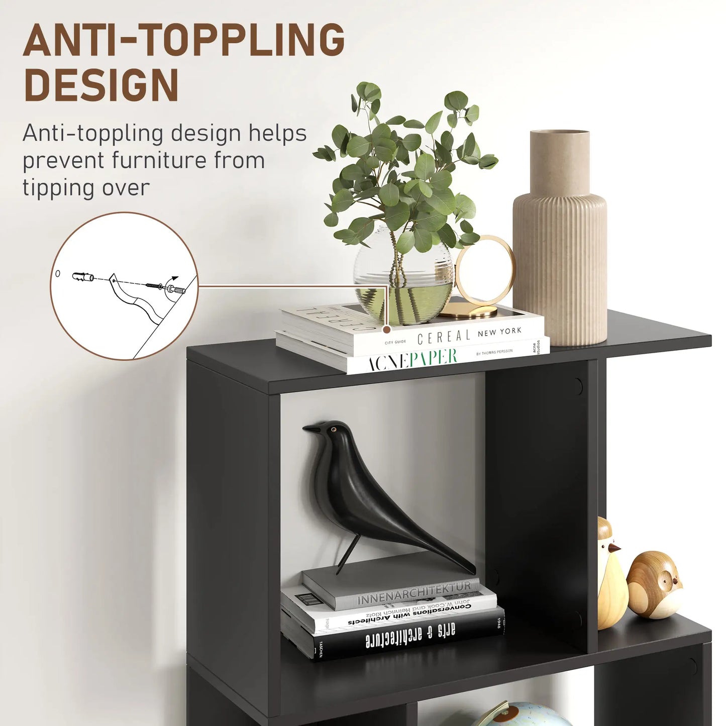 5-Tier Geometric Bookshelf, S Shaped Bookcase, Black Display Bookshelves at Gallery Canada