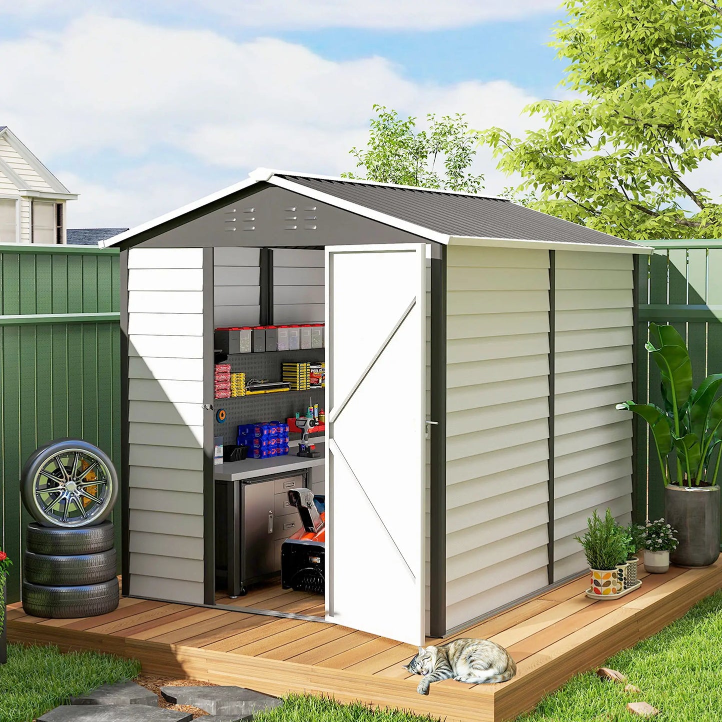 9' x 6' Garden Shed, Outdoor Storage, Sloped Roof, Lockable Door, Dark Grey