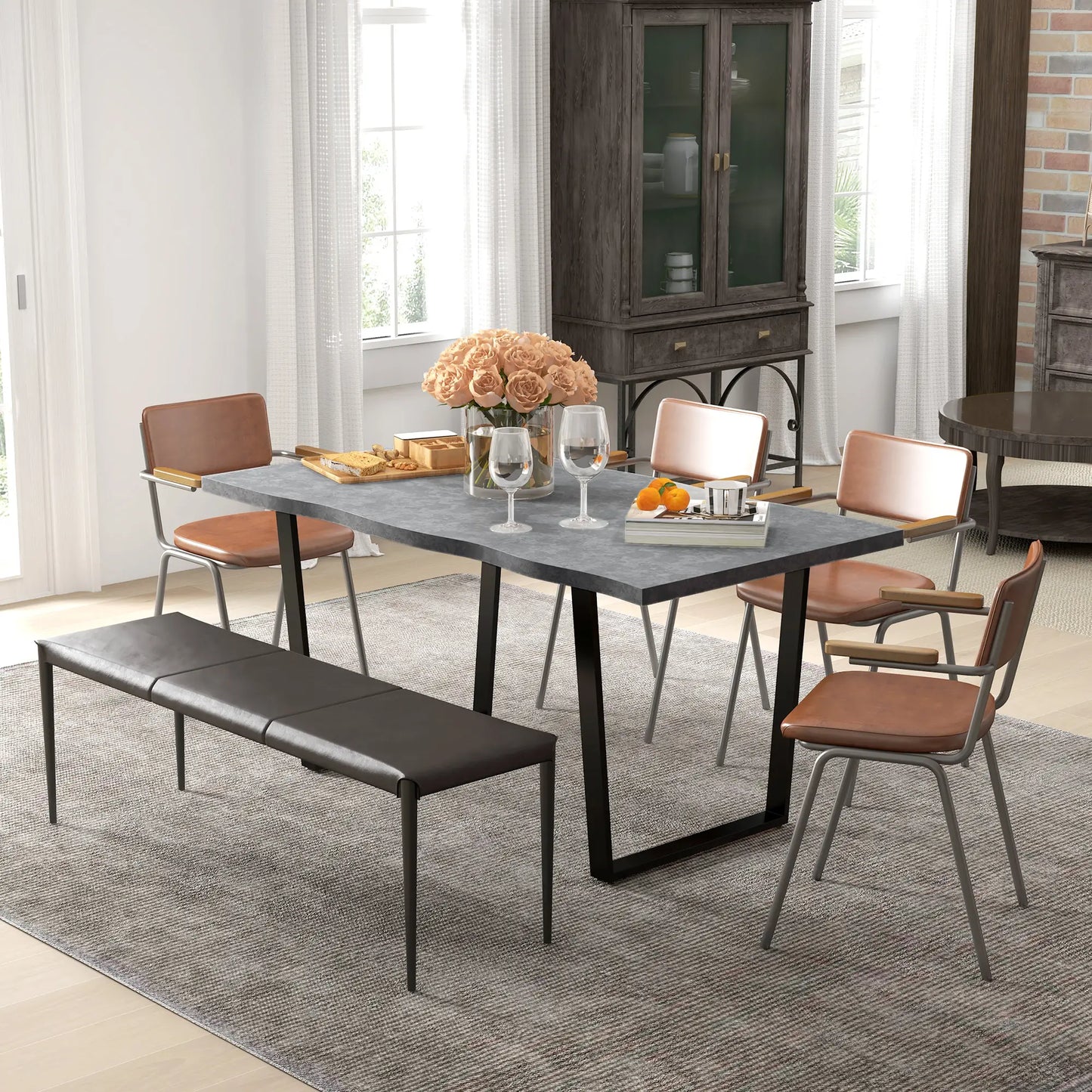 63" Industrial Kitchen Table, Wave-Edged Tabletop, Steel Legs, Cement Grey Dining Tables at Gallery Canada