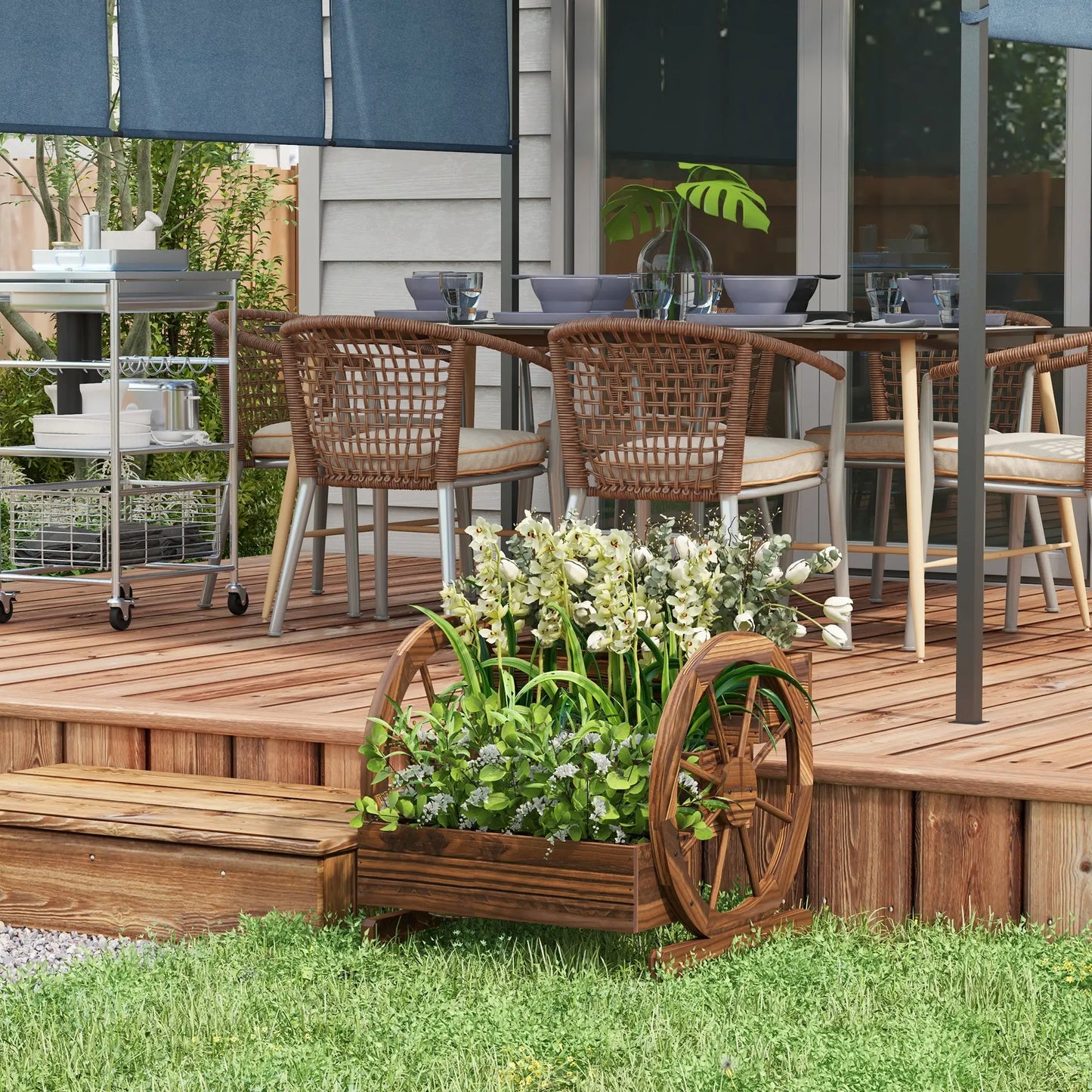 Wooden Wagon Planter Box, 3-Tier Raised Garden Bed, 24" x 24" x 22", Carbonized Wooden Planter Boxes at Gallery Canada