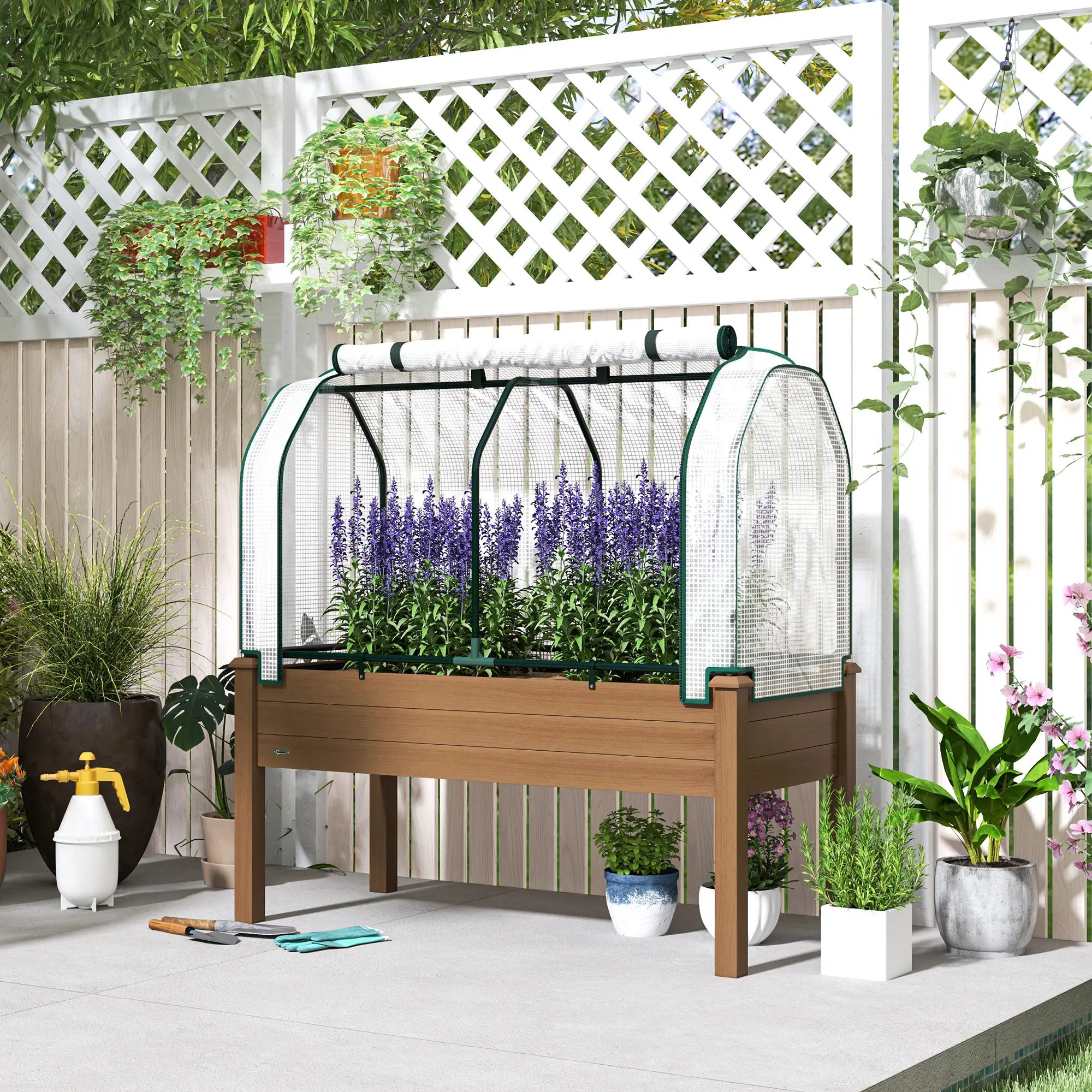 Raised Garden Bed With Greenhouse Cover, Elevated Wood Planter Box, Brown Elevated Garden Beds at Gallery Canada
