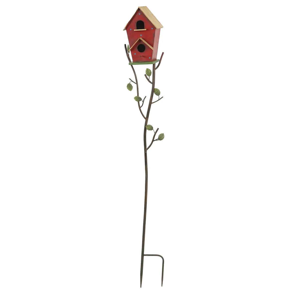 57" Outdoor Bird House With Pole, Metal, Double-Hole, Red Birds Red, Green at Gallery Canada
