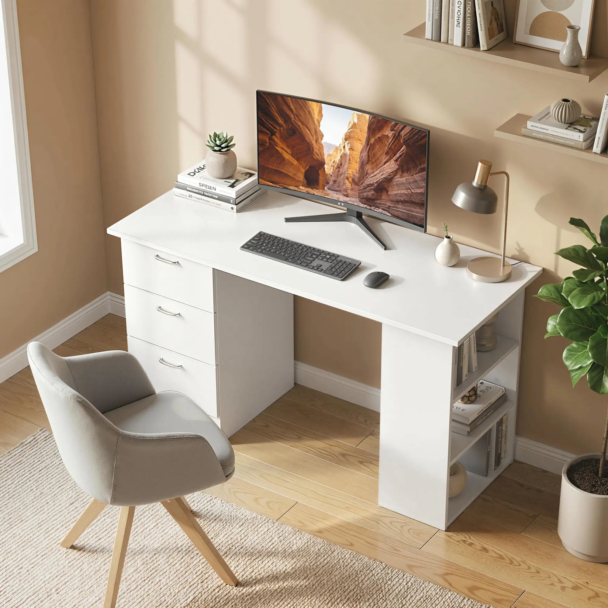47 Inches Office Desk, 3-Tier Storage Shelves, Drawers, White Writing Desks at Gallery Canada