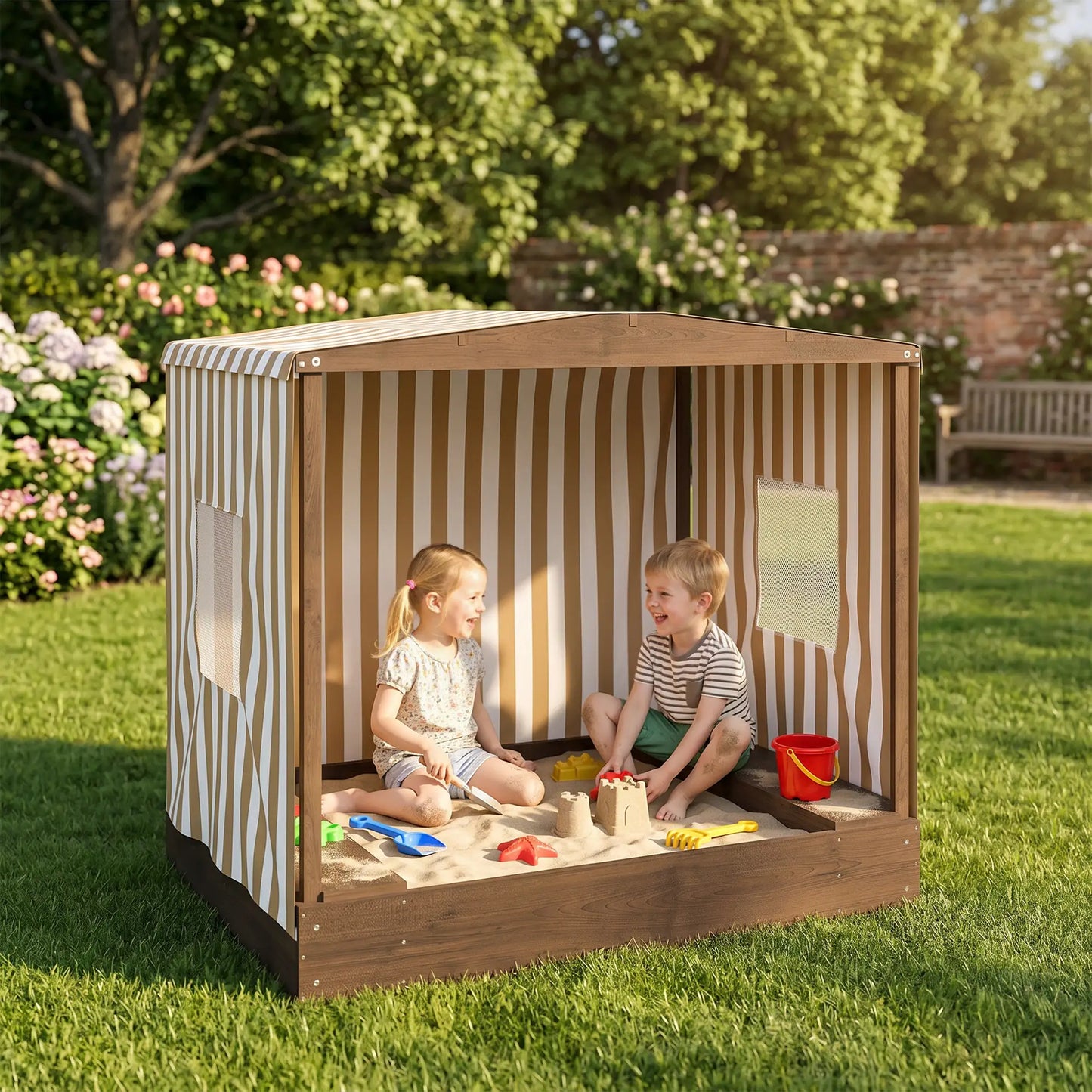 Kids Sandbox with Canopy, Bench Seats, 56" x 40" x 52", Brown Sandboxes & Accessories at Gallery Canada