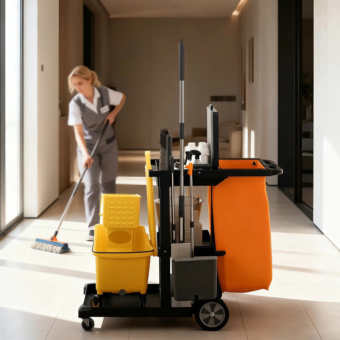 Commercial Janitorial Cart, 3 Tier Shelves, Black Household Supplies at Gallery Canada