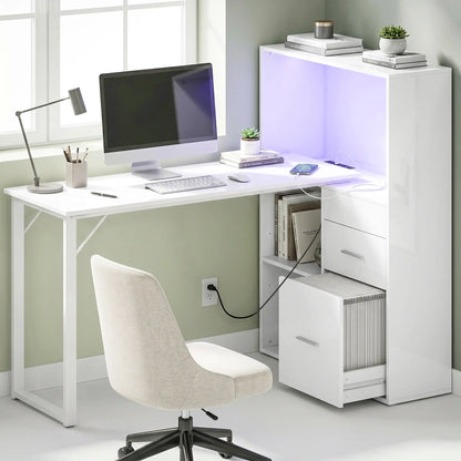 54" Computer Desk With Drawers, Power Outlets, LED Lights, White Computer Desks at Gallery Canada