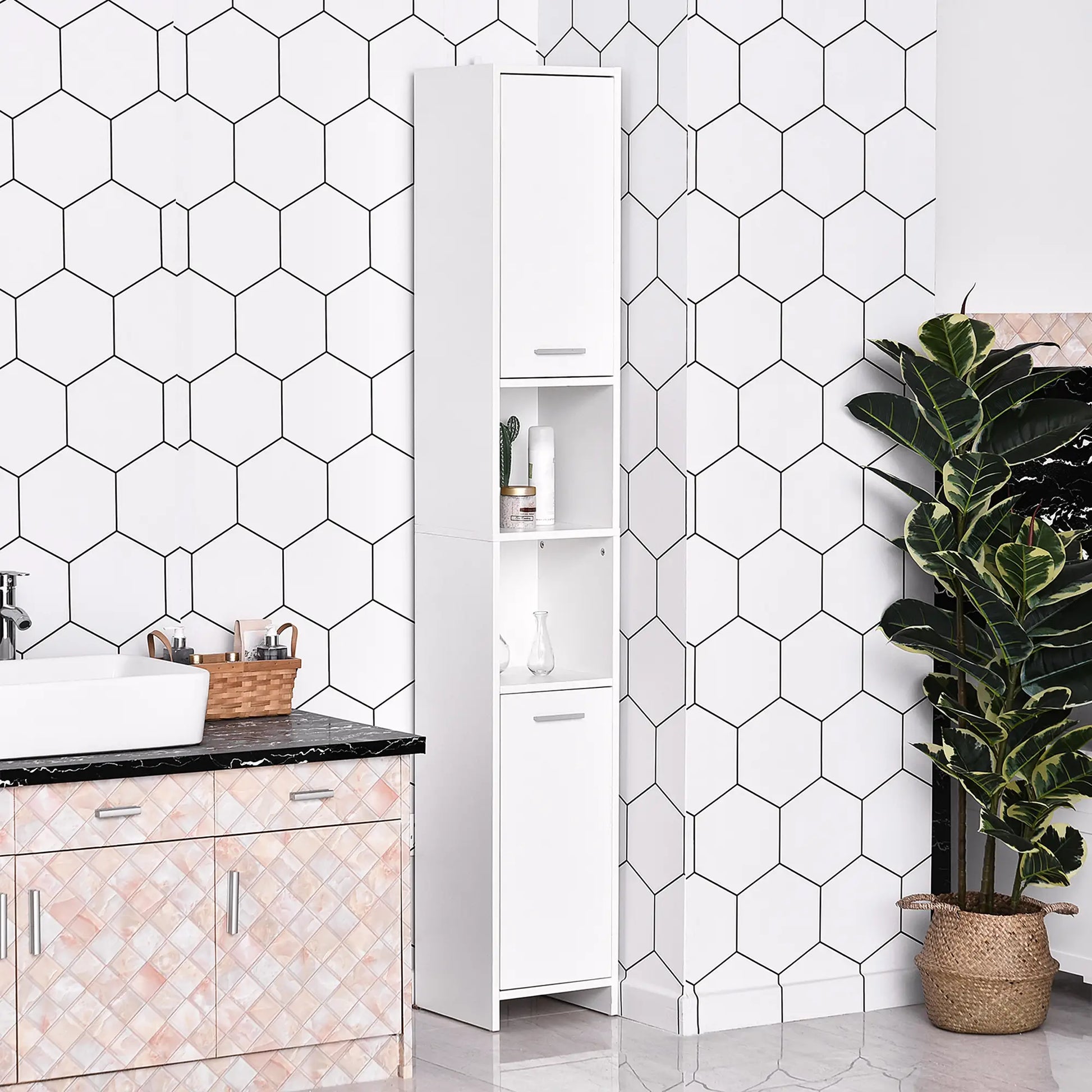 Tall Narrow Bathroom Vanity, 2 Doors, Adjustable Shelves, White Bathroom Cabinets at Gallery Canada