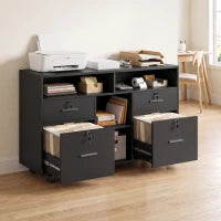 Filing Cabinet Locking Drawers Open Shelves 5 Casters, Black