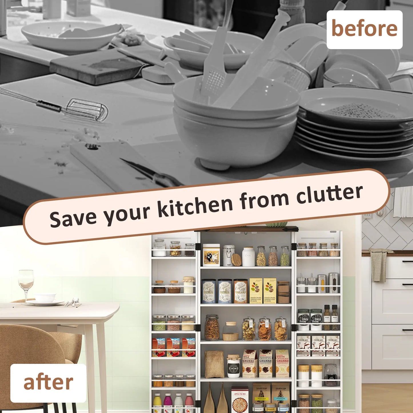 47" Kitchen Pantry Cabinet, Adjustable Shelves, White Kitchen Pantry Cabinets at Gallery Canada