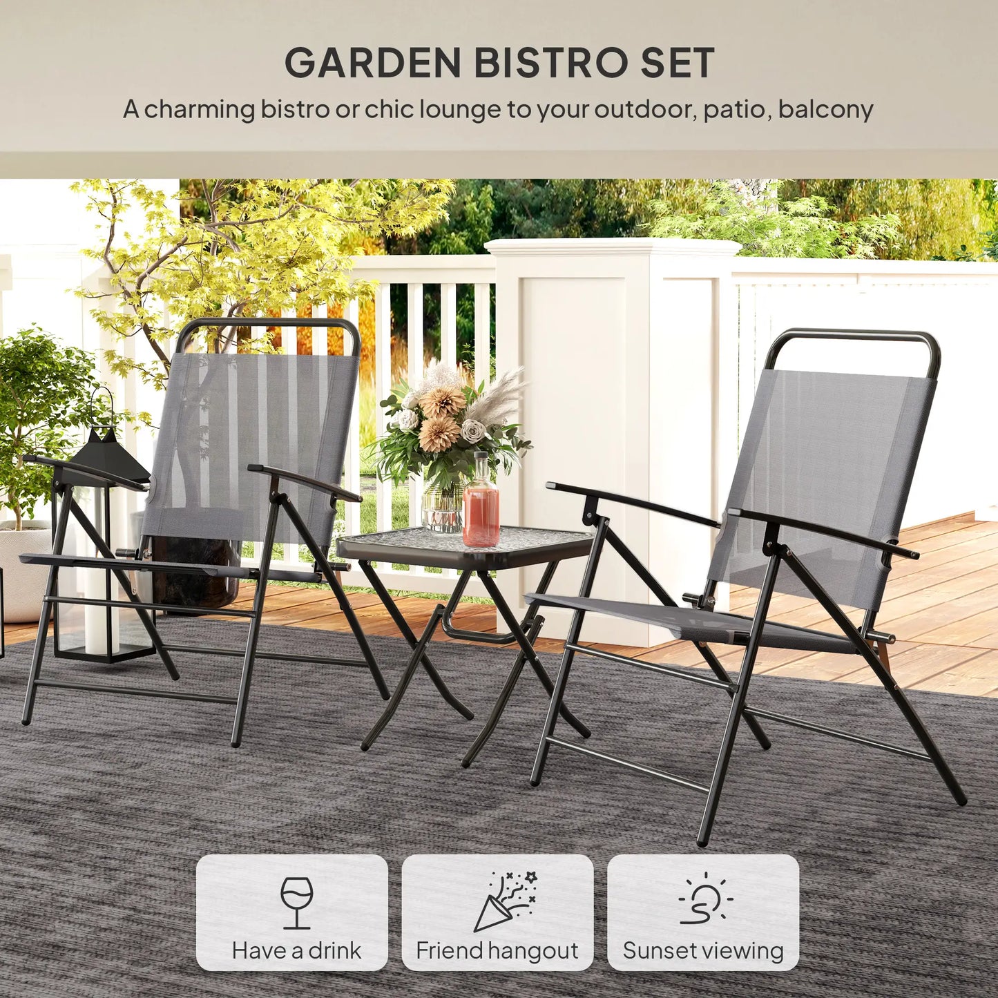 Folding Bistro Set, Adjustable Chairs, Glass Top Table, Grey Bistro Sets at Gallery Canada