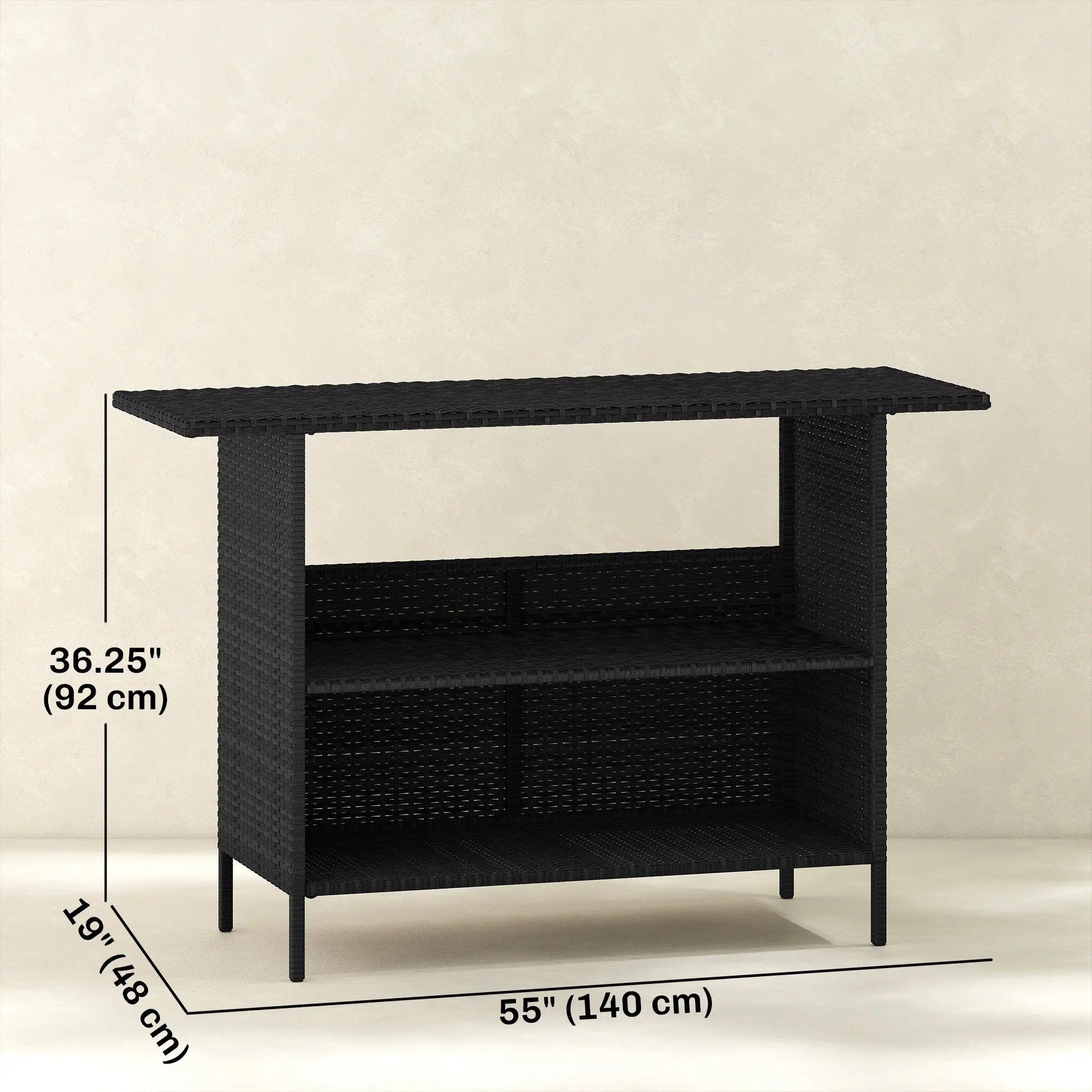 PE Rattan Outdoor Bar Table, 2 Shelves, Black Patio Side Tables at Gallery Canada
