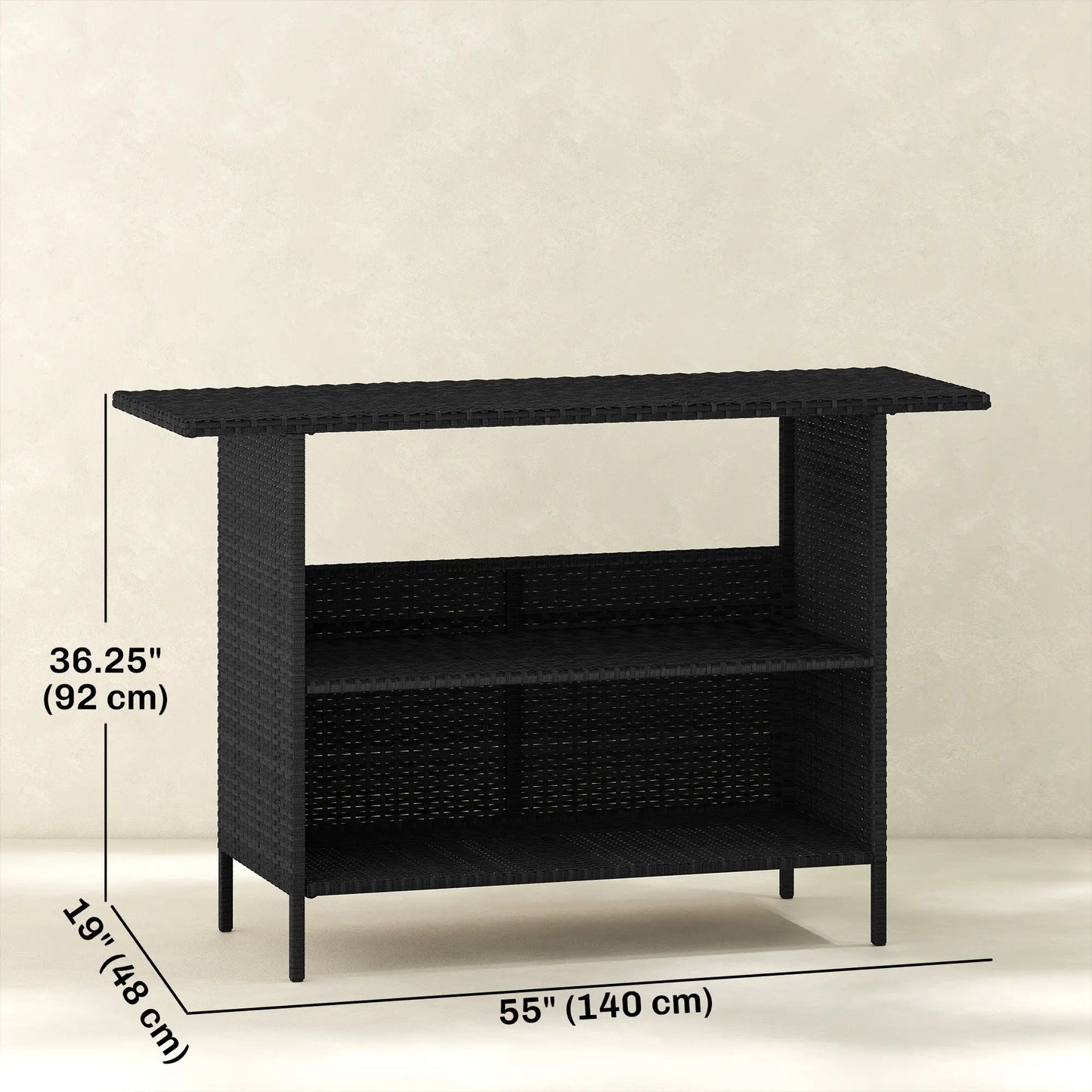 PE Rattan Outdoor Bar Table, 2 Shelves, Black Patio Side Tables at Gallery Canada