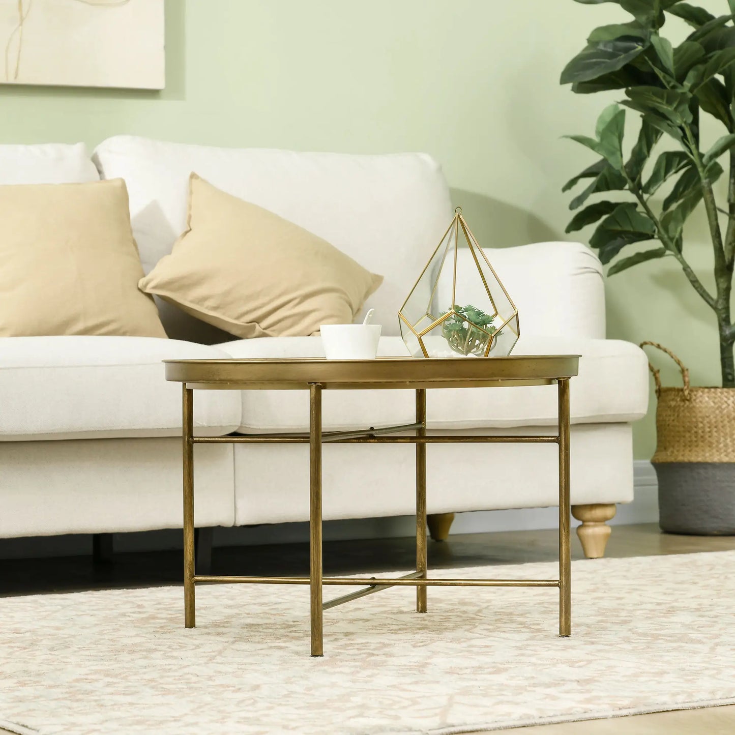 Vintage Coffee Table for Living Room, 24" Round Center Table with Hammered Tray Top and Metal Frame, Gold Coffee Tables at Gallery Canada