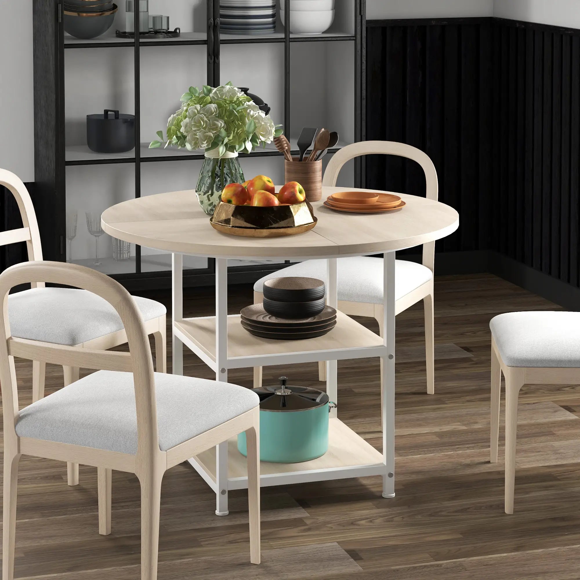 Round Kitchen Table, 39.4 Inch, Storage Shelves, Oak Dining Tables at Gallery Canada
