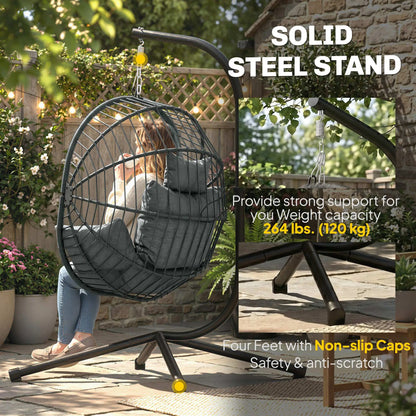 Metal Hanging Egg Chair, Full Body Padded Seat, Grey Patio Swings with Stand at Gallery Canada