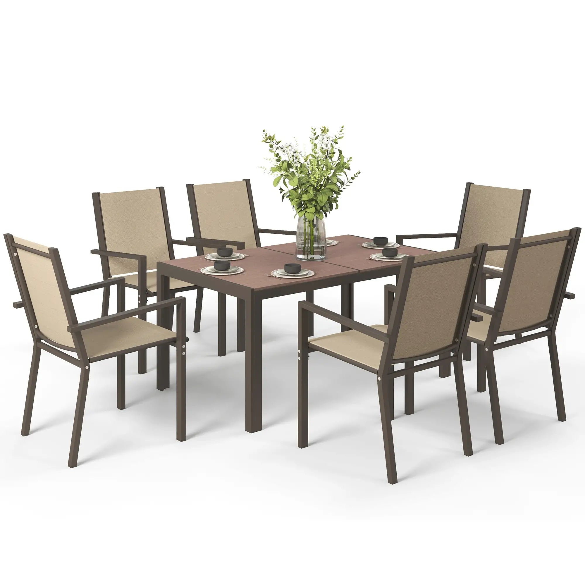 7-Piece Outdoor Dining Set With Rectangular Table & 6 Stackable Chairs Outdoor Dining Sets Khaki, Brown at Gallery Canada