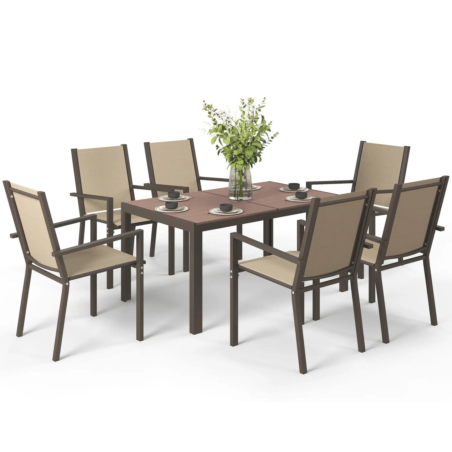 7-Piece Outdoor Dining Set With Rectangular Table & 6 Stackable Chairs Outdoor Dining Sets Khaki, Brown at Gallery Canada